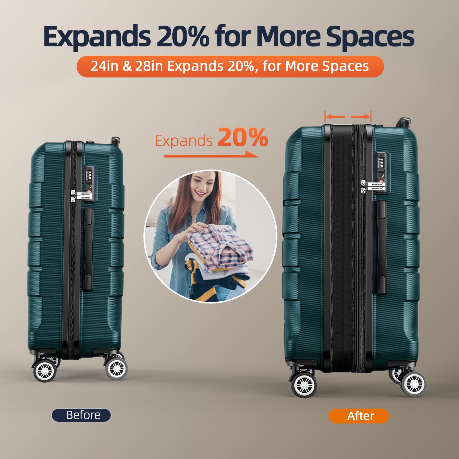 SHOWKOO Kofferset 3 Teilig Hartschale Leicht ABS+PC Erweiterbar Reisekoffer Haltbar Trolley Handgepäck Sets mit TSA Schloss und 4 Rollen