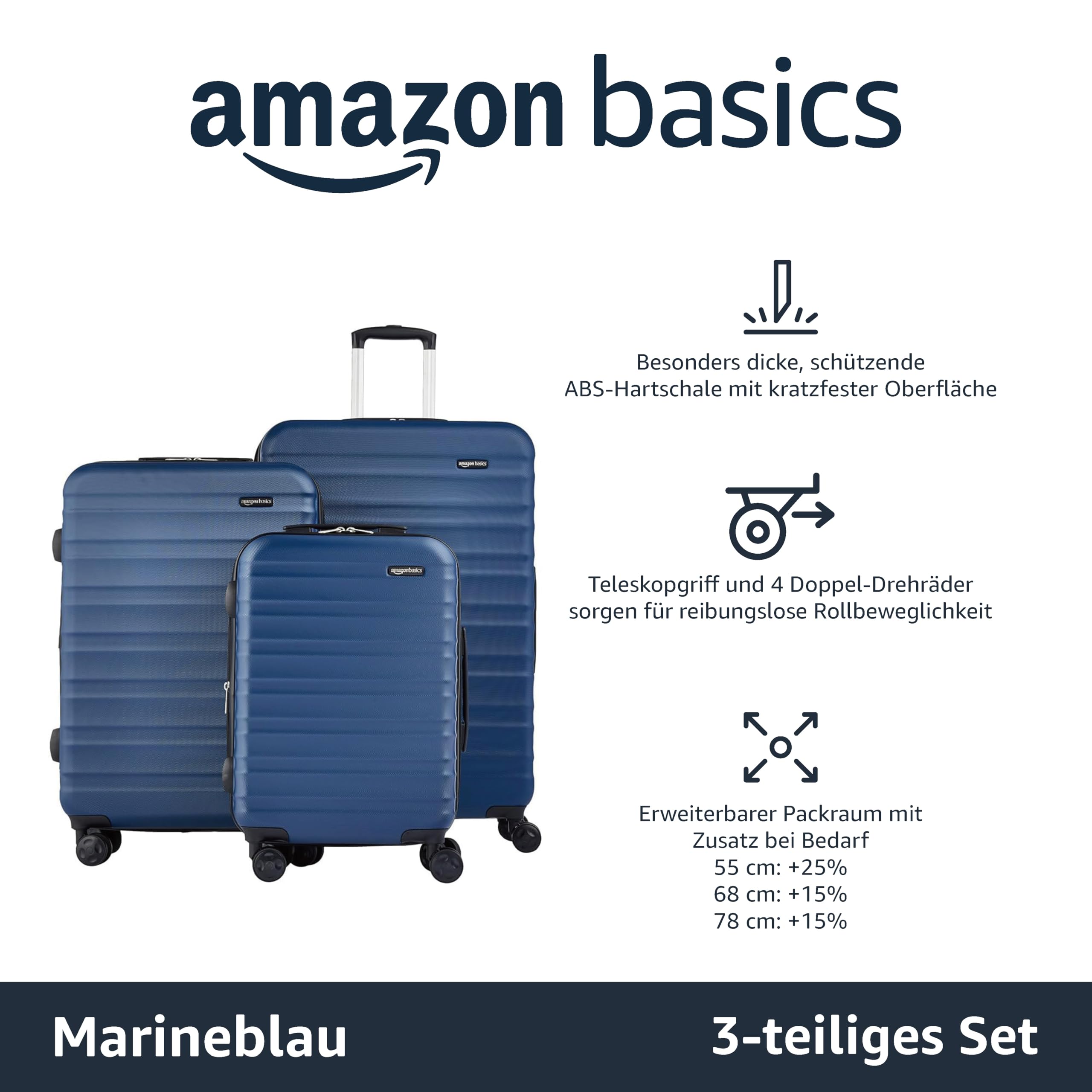 Amazon Basics Hartschalen - Kofferset - 3-teiliges Set (55, 68, 78 cm), Marineblau