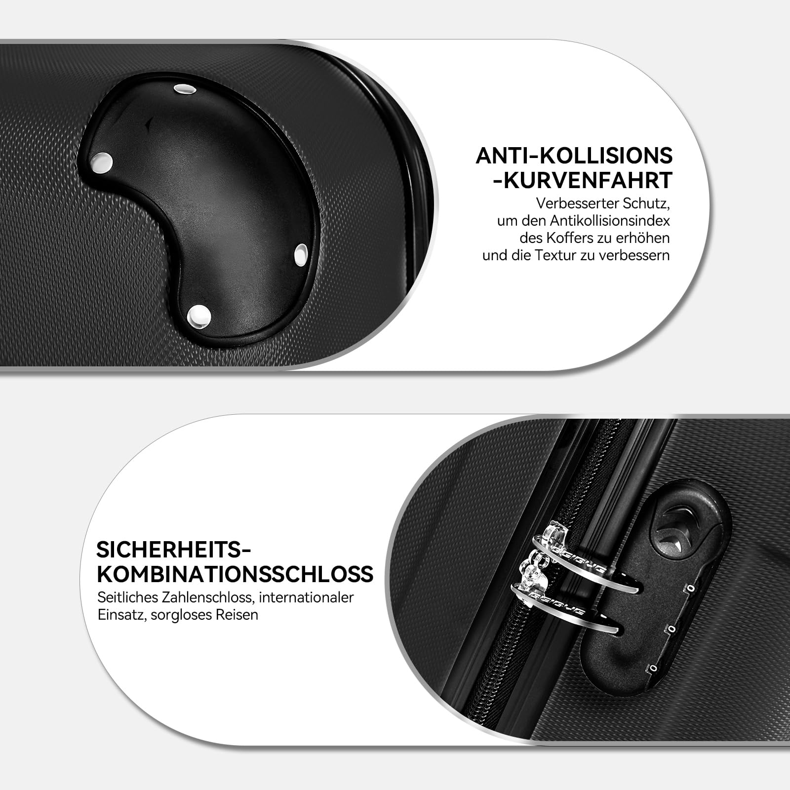 BEIBYE Hartschalen-Koffer Trolley Rollkoffer Reisekoffer Handgepäck 4 Rollen (M-L-XL-Set) (Schwarz, Set)