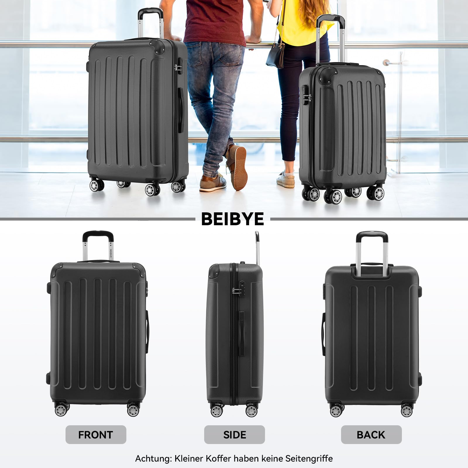 BEIBYE Hartschalen-Koffer Trolley Rollkoffer Reisekoffer Handgepäck 4 Rollen (M-L-XL-Set) (Schwarz, Set)
