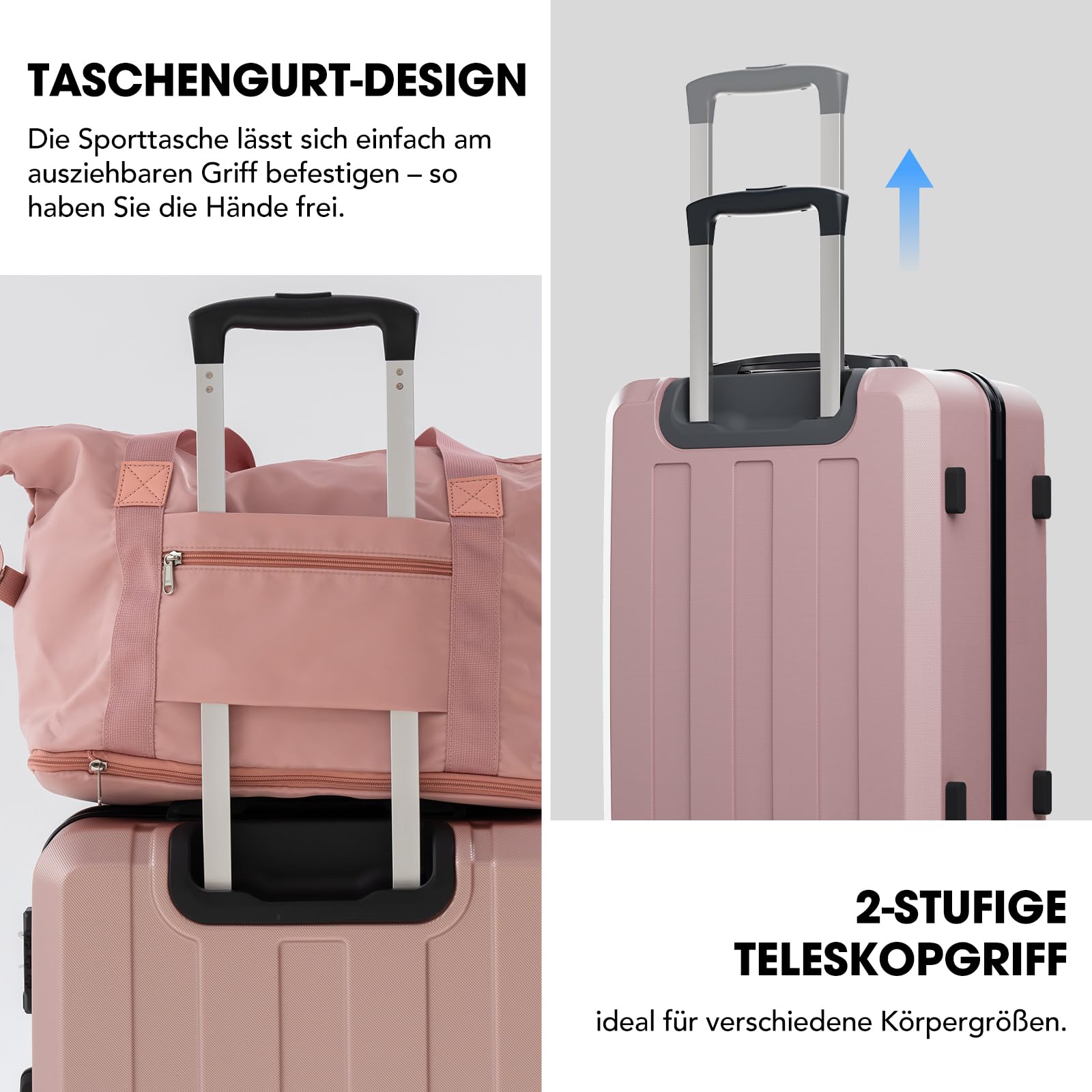 Vallsero 5tlg. Koffer Set Roségold, ABS Trolley mit TSA-Schloss, 4 Rollen, Aluminiumgriff, inkl. Reisetasche & Kulturbeutel, robust & leicht