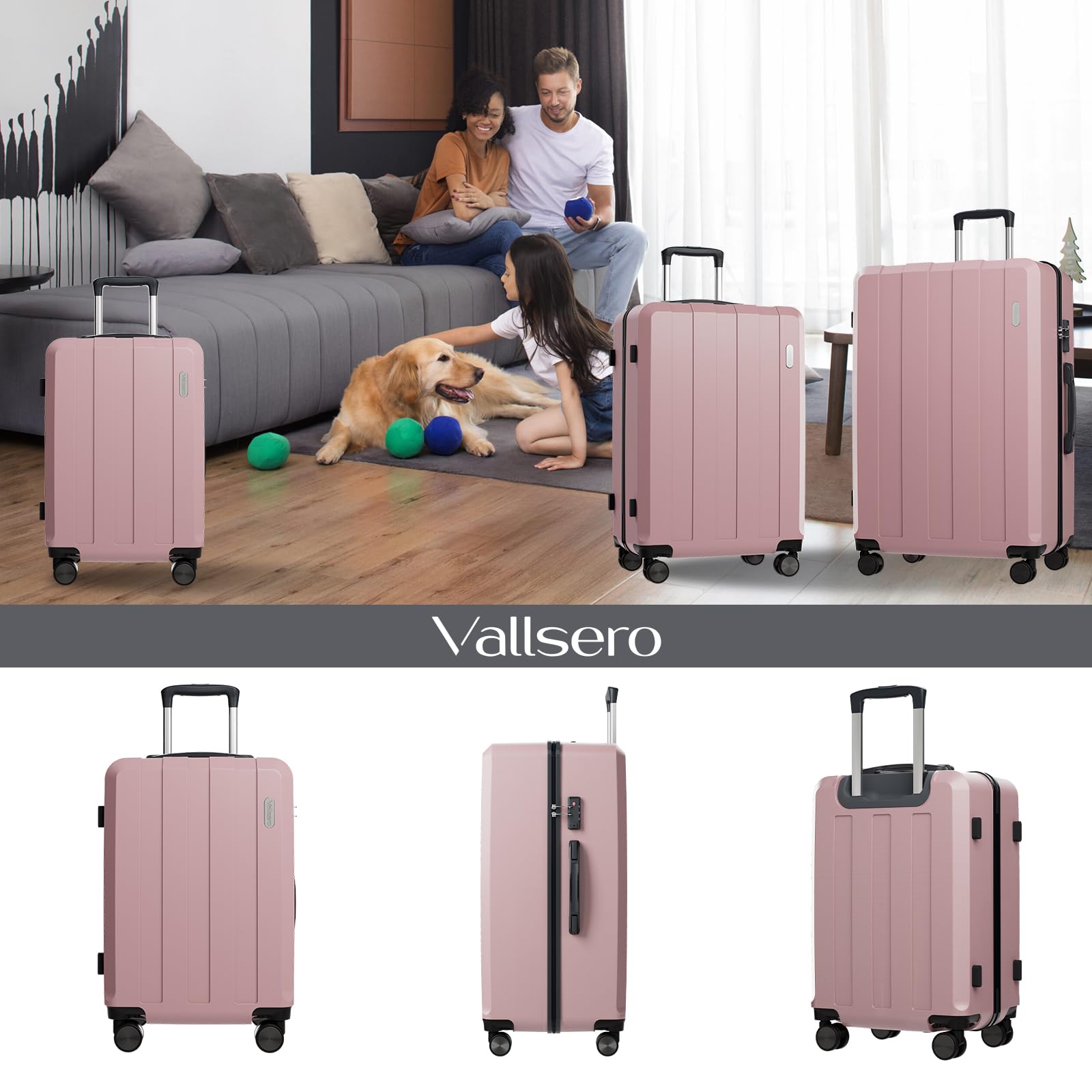 Vallsero 5tlg. Koffer Set Roségold, ABS Trolley mit TSA-Schloss, 4 Rollen, Aluminiumgriff, inkl. Reisetasche & Kulturbeutel, robust & leicht