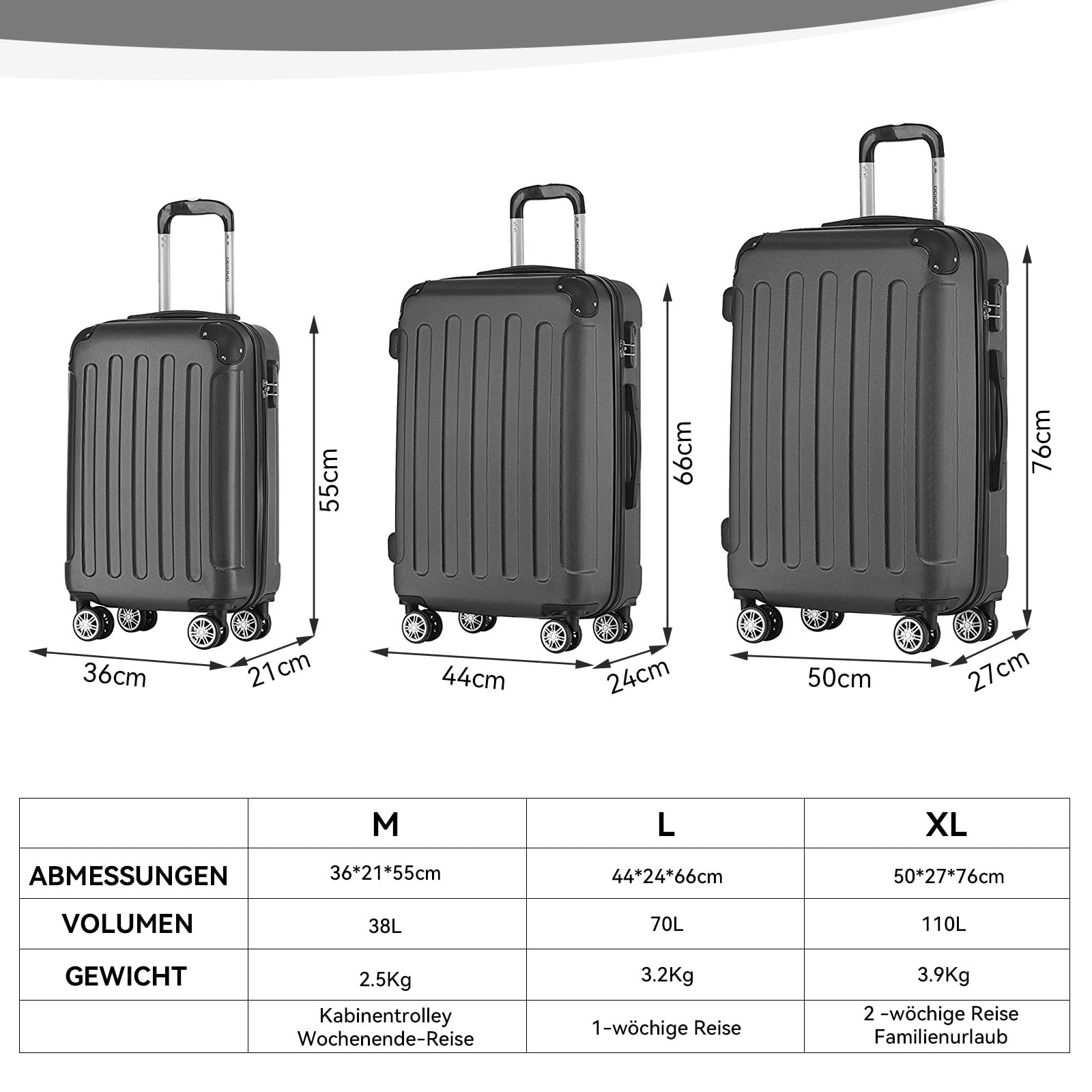 BEIBYE Hartschalen-Koffer Trolley Rollkoffer Reisekoffer Handgepäck 4 Rollen (M-L-XL-Set) (Schwarz, Set)
