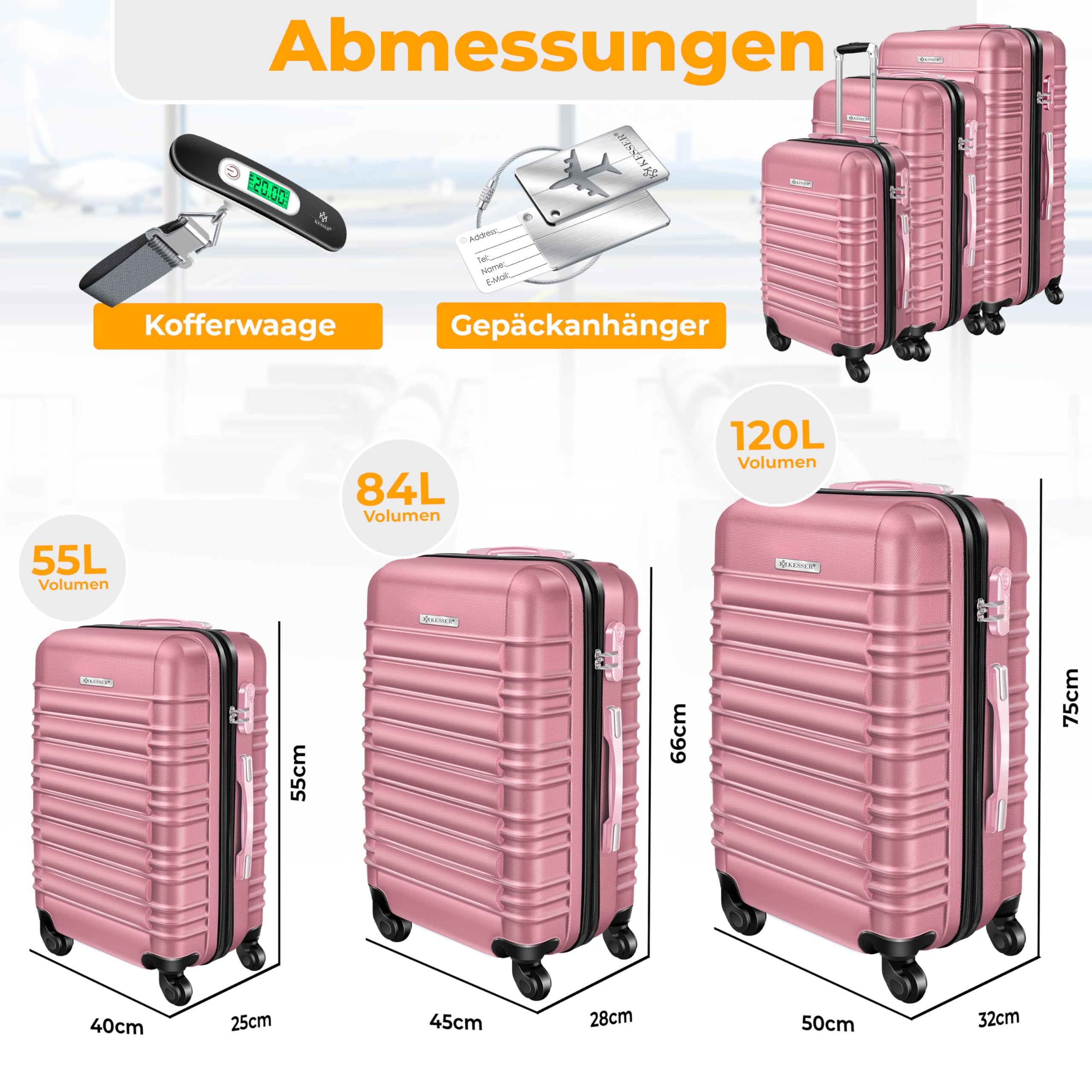 KESSER® 3tlg. Hartschalenkofferset, ABS Hartschale, Trolley Koffer mit 4 Rollen, Teleskopgriff, inkl. Kofferwaage & Gepäckanhänger, M-L-XL