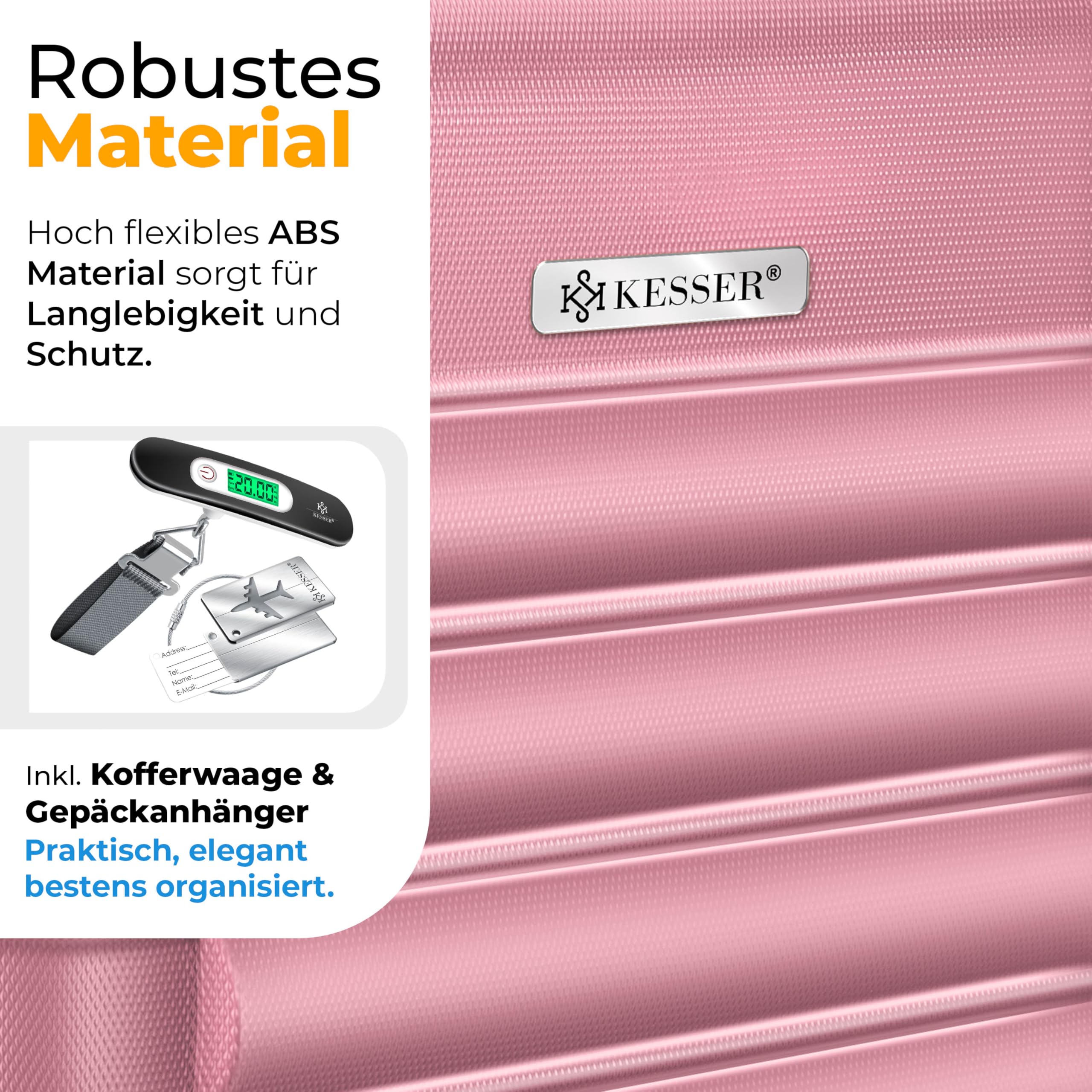 KESSER® 3tlg. Hartschalenkofferset, ABS Hartschale, Trolley Koffer mit 4 Rollen, Teleskopgriff, inkl. Kofferwaage & Gepäckanhänger, M-L-XL