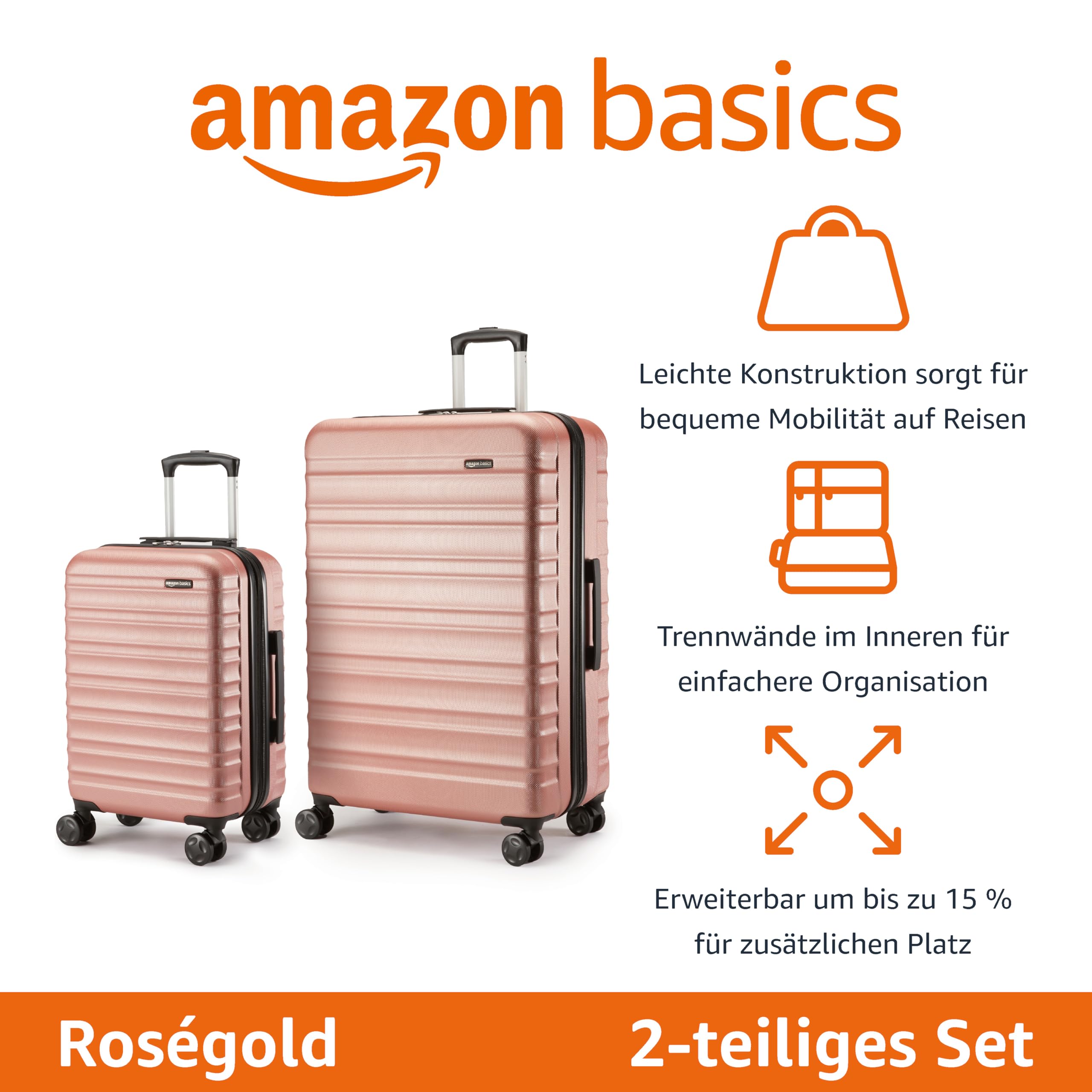 Amazon Basics Hartschalen-Koffer-Set, 2 Stück Erweiterbares Gepäck-Set (55, 78 cm), Kratzfeste ABS-Schale, 4 Rollen, Roségold