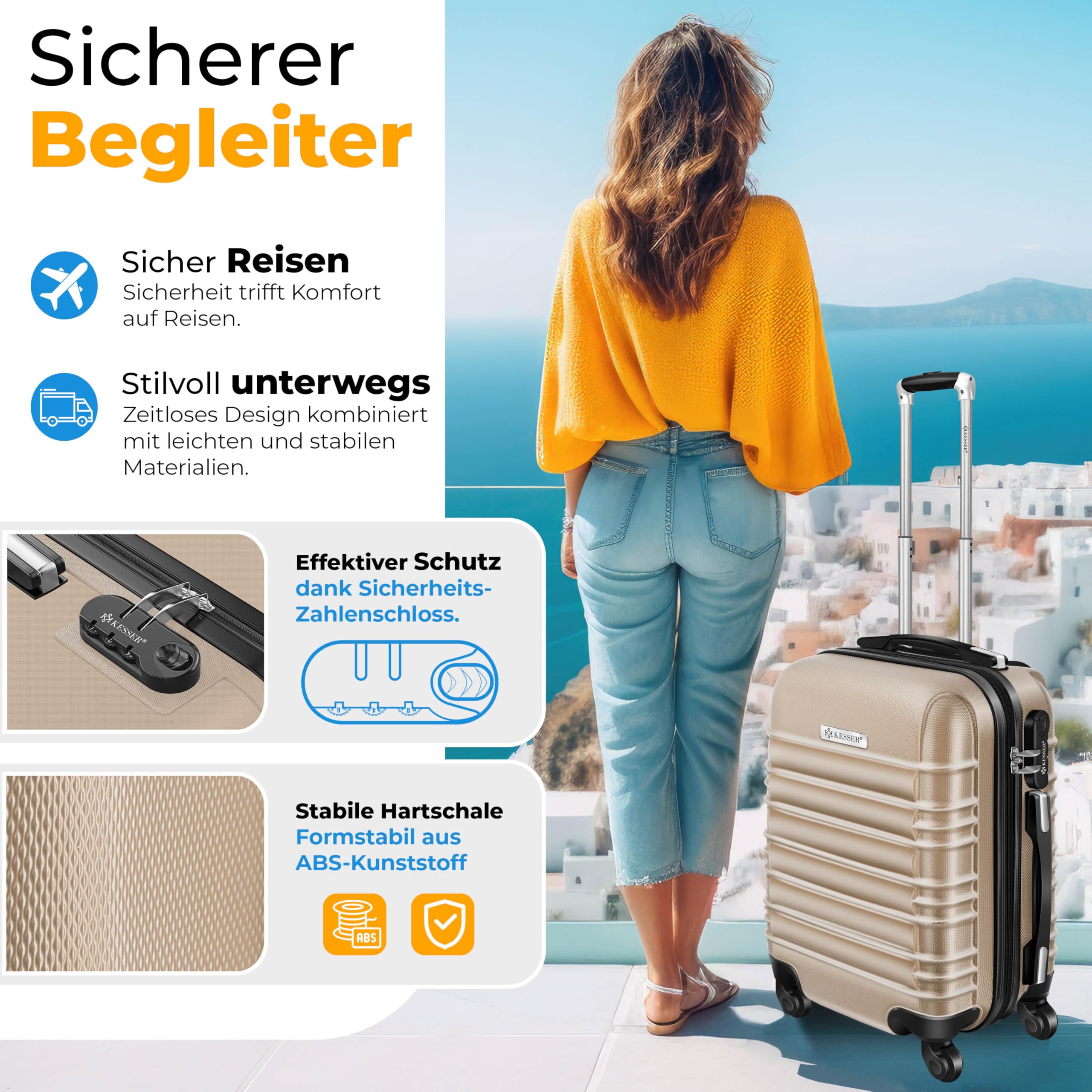 KESSER® 4tlg. Hartschalenkofferset, ABS Hartschale, Trolley Koffer mit 4 Rollen, Teleskopgriff, inkl. Kofferwaage & Anhänger