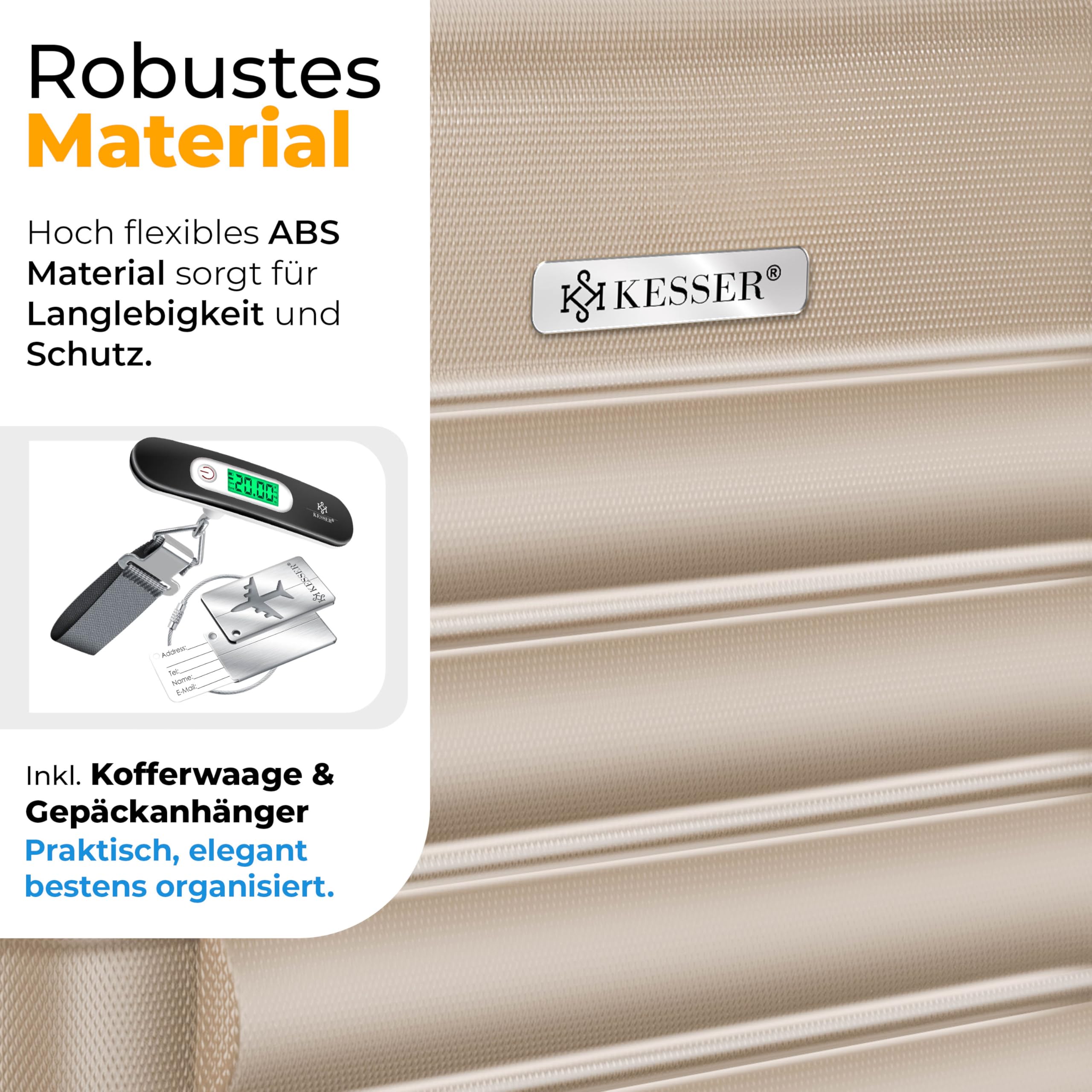 KESSER® 4tlg. Hartschalenkofferset, ABS Hartschale, Trolley Koffer mit 4 Rollen, Teleskopgriff, inkl. Kofferwaage & Anhänger