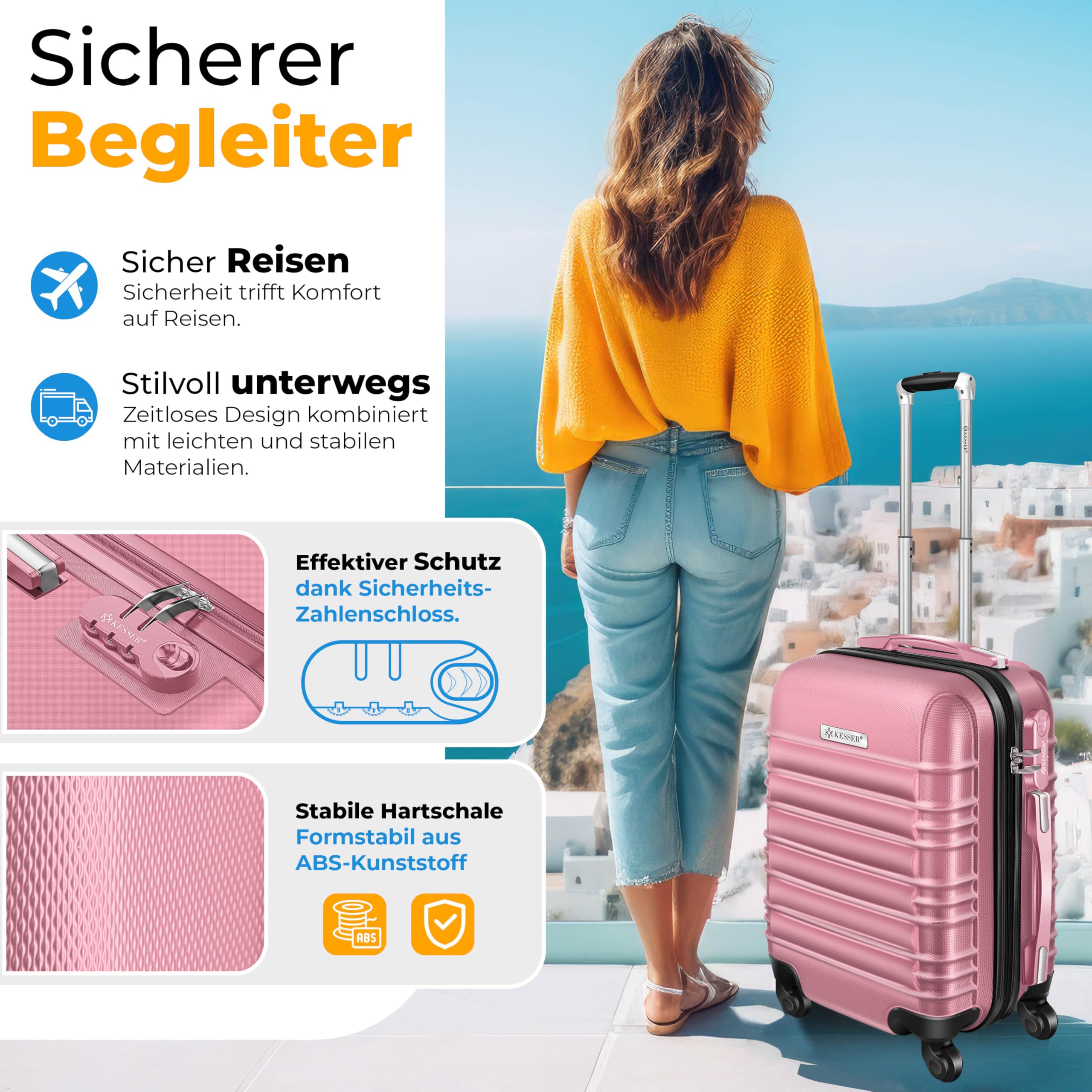 KESSER® 3tlg. Hartschalenkofferset, ABS Hartschale, Trolley Koffer mit 4 Rollen, Teleskopgriff, inkl. Kofferwaage & Gepäckanhänger, M-L-XL