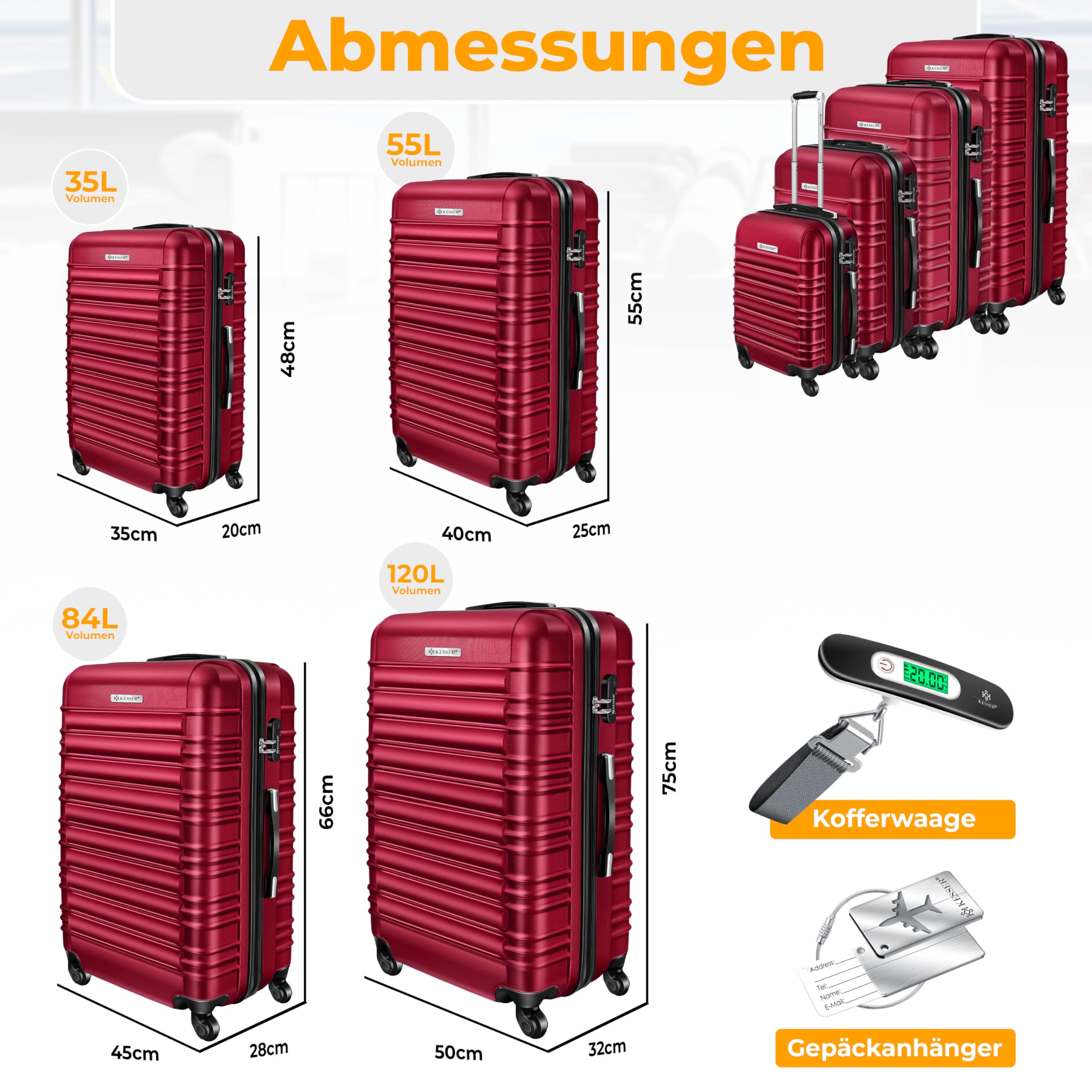 KESSER® 4tlg. Hartschalenkofferset, ABS Trolley Koffer mit Zahlenschloss, 4 Rollen, Teleskopgriff, inkl. Kofferwaage & Gepäckanhänger, S-XL