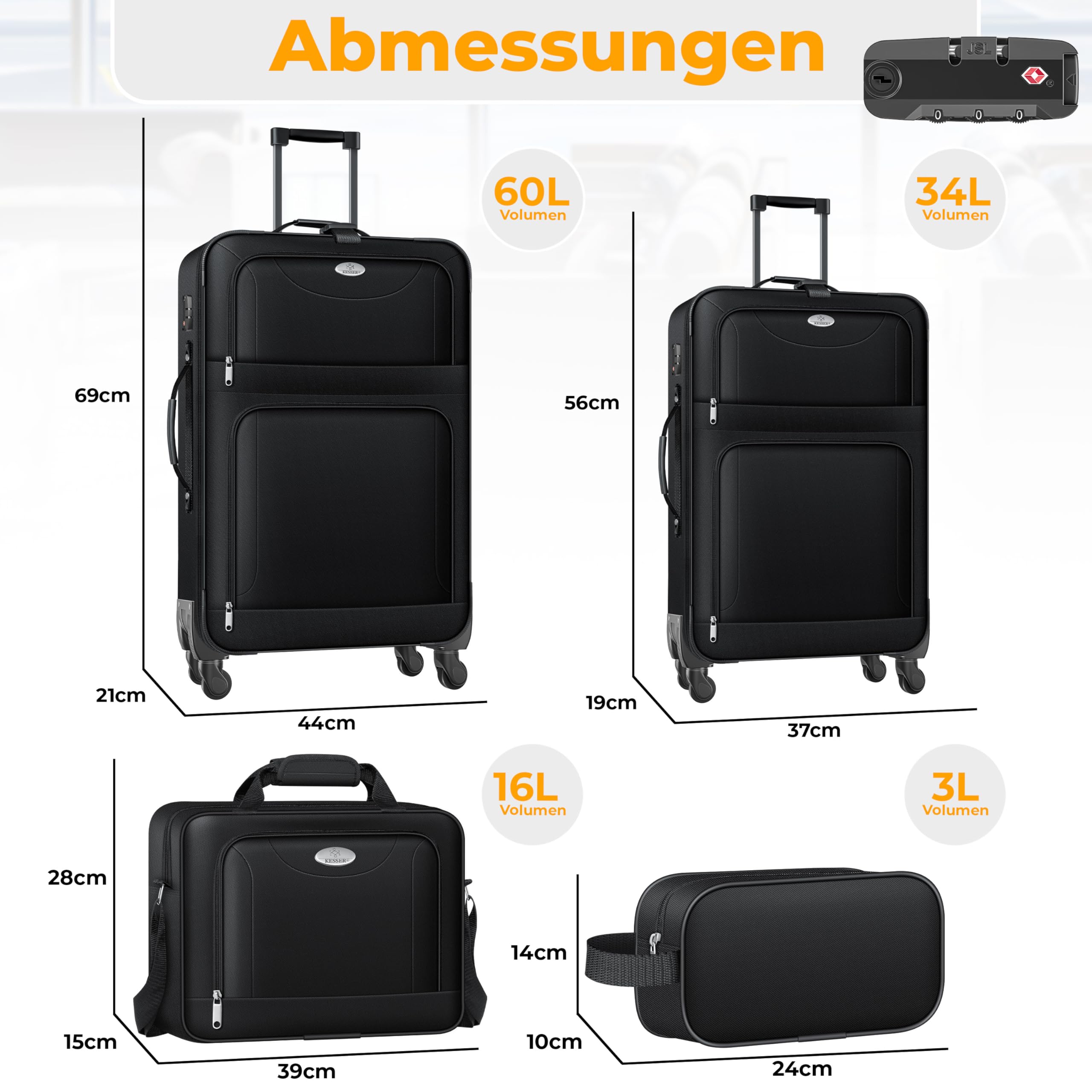 KESSER® 4tlg. Stoff Reisekoffer Set mit TSA-Zahlenschloss, 360° Rollen, Teleskopgriff, Handgepäck, große Koffer & Kosmetiktasche
