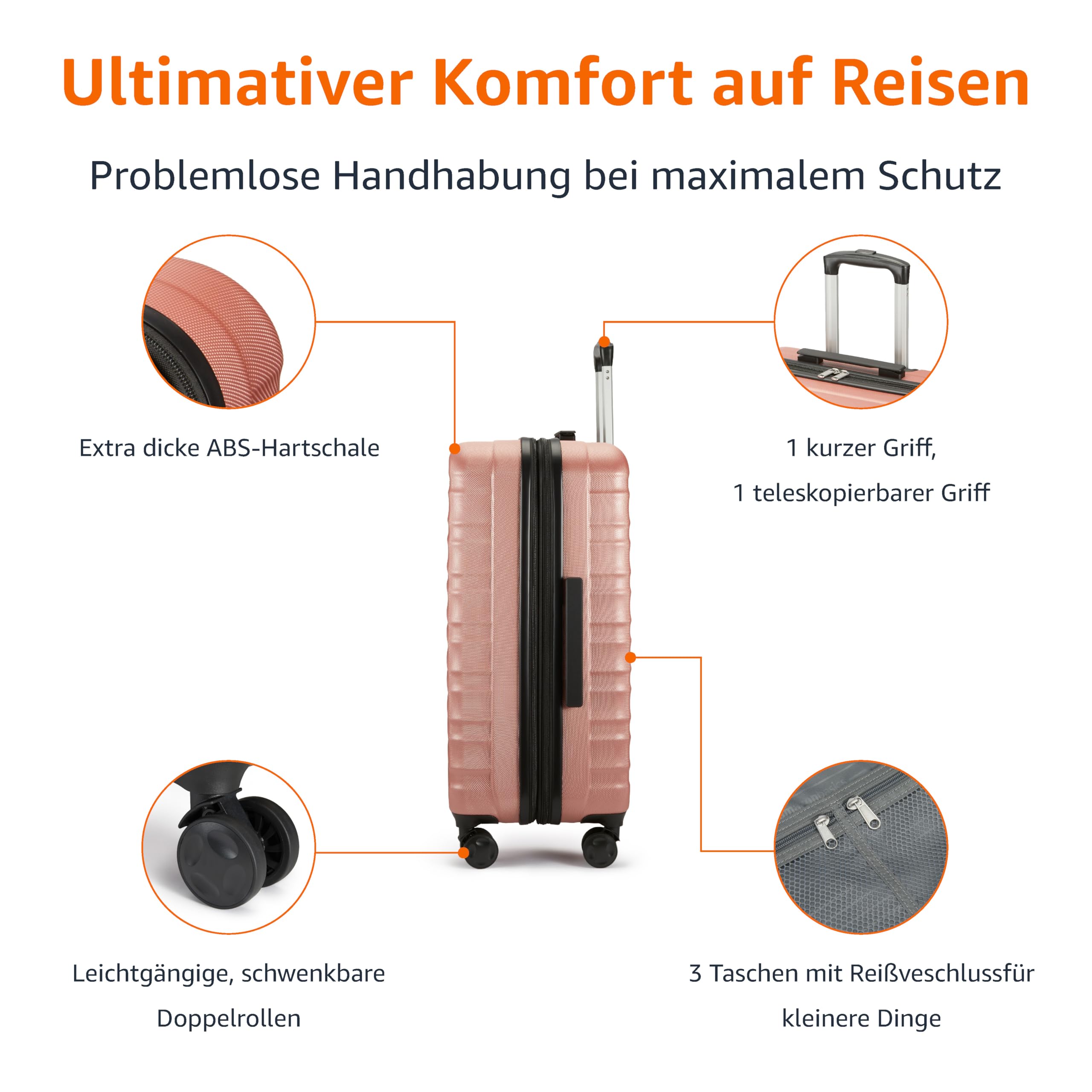 Amazon Basics Hartschalen-Koffer-Set, 2 Stück Erweiterbares Gepäck-Set (55, 78 cm), Kratzfeste ABS-Schale, 4 Rollen, Roségold