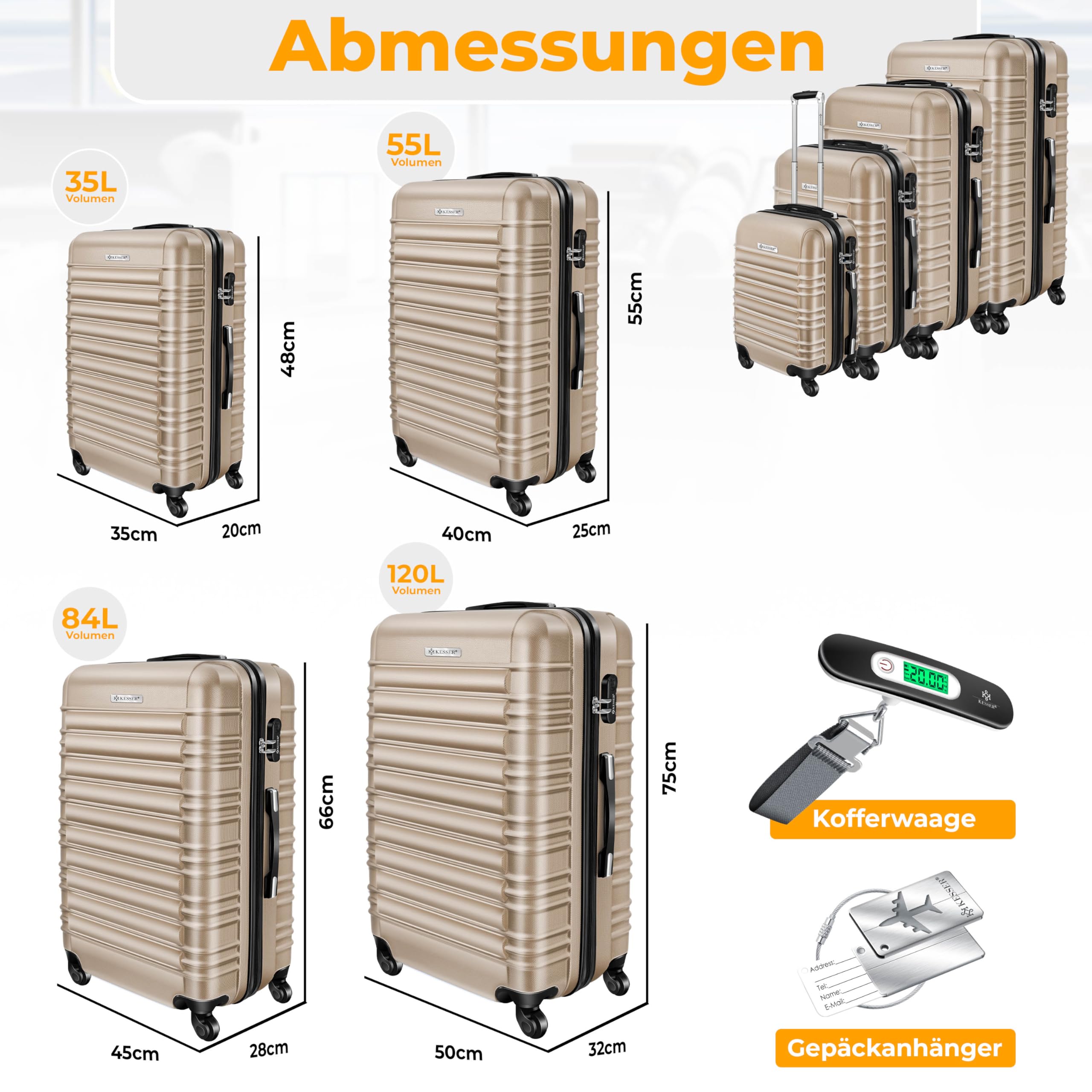 KESSER® 4tlg. Hartschalenkofferset, ABS Hartschale, Trolley Koffer mit 4 Rollen, Teleskopgriff, inkl. Kofferwaage & Anhänger