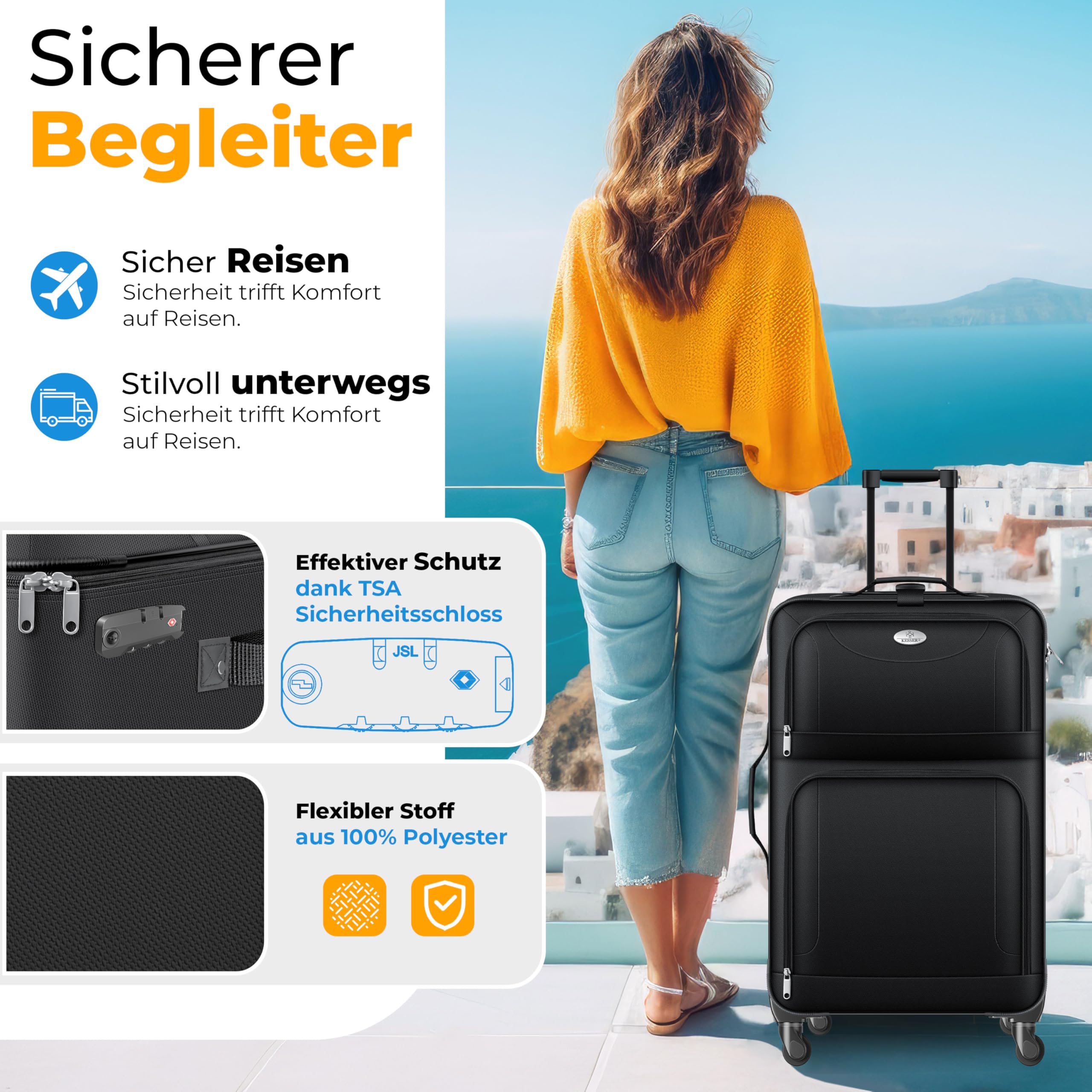 KESSER® 4tlg. Stoff Reisekoffer Set mit TSA-Zahlenschloss, 360° Rollen, Teleskopgriff, Handgepäck, große Koffer & Kosmetiktasche