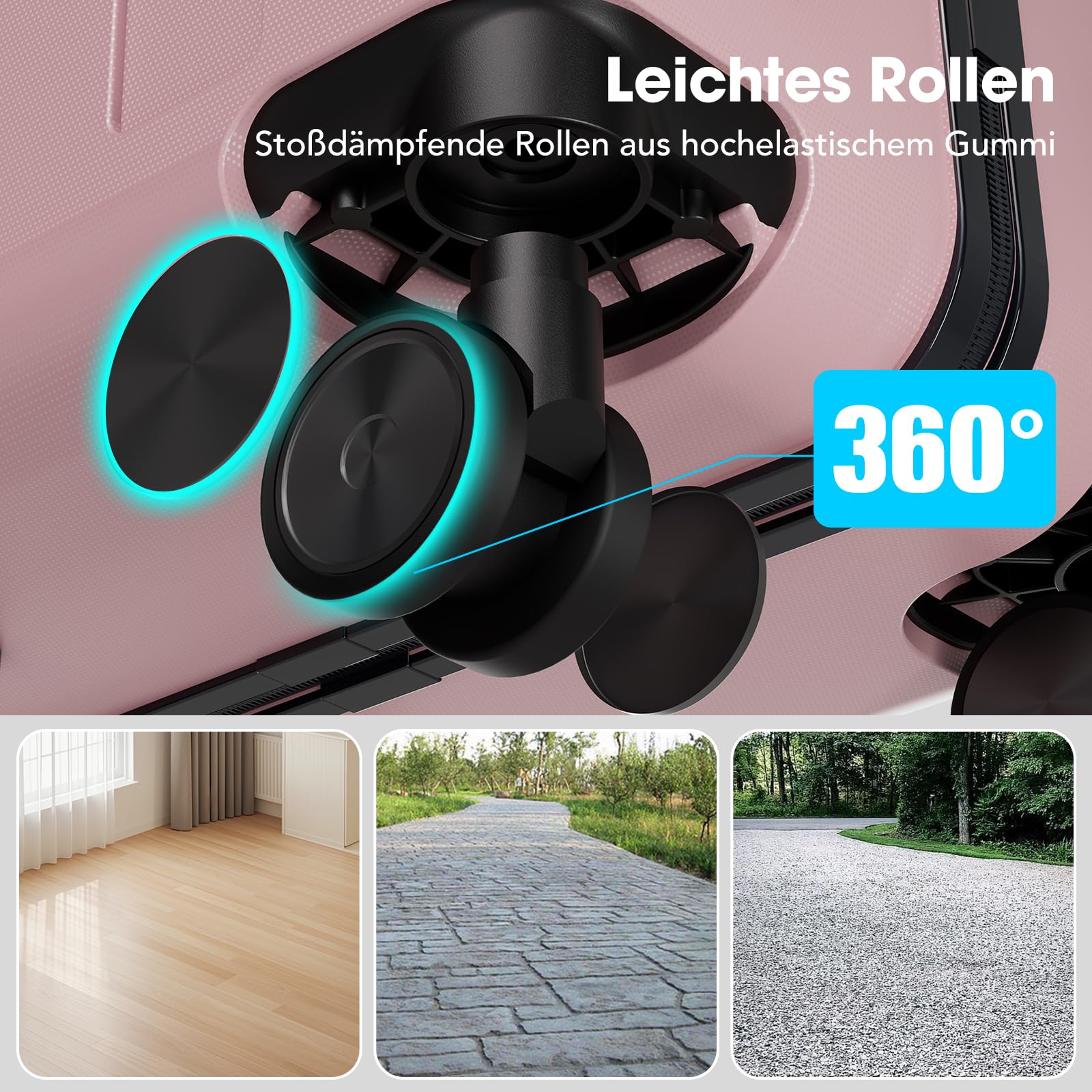 Vallsero 5tlg. Koffer Set Roségold, ABS Trolley mit TSA-Schloss, 4 Rollen, Aluminiumgriff, inkl. Reisetasche & Kulturbeutel, robust & leicht