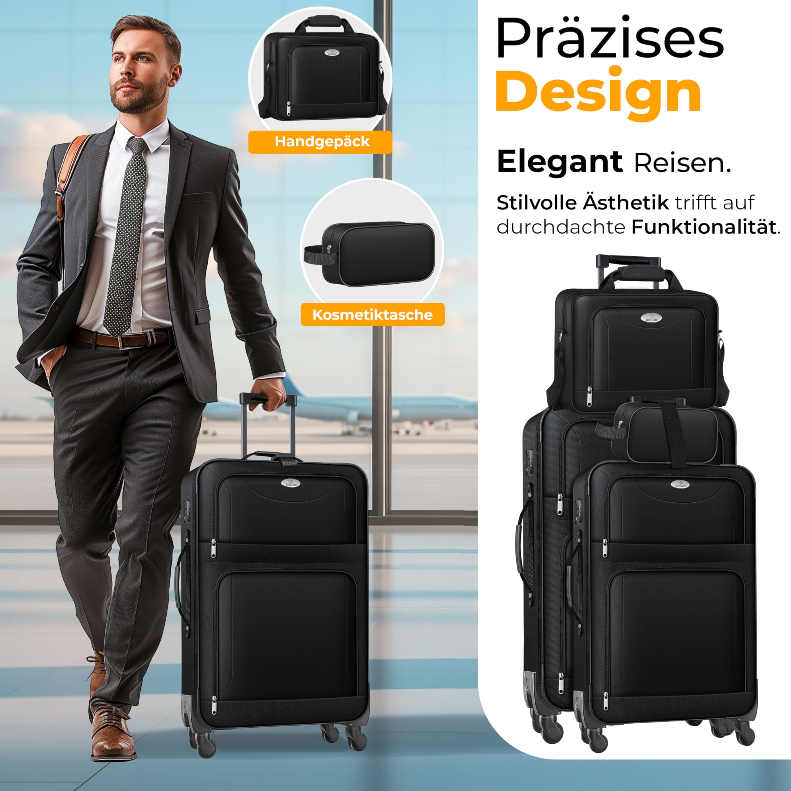 KESSER® 4tlg. Stoff Reisekoffer Set mit TSA-Zahlenschloss, 360° Rollen, Teleskopgriff, Handgepäck, große Koffer & Kosmetiktasche