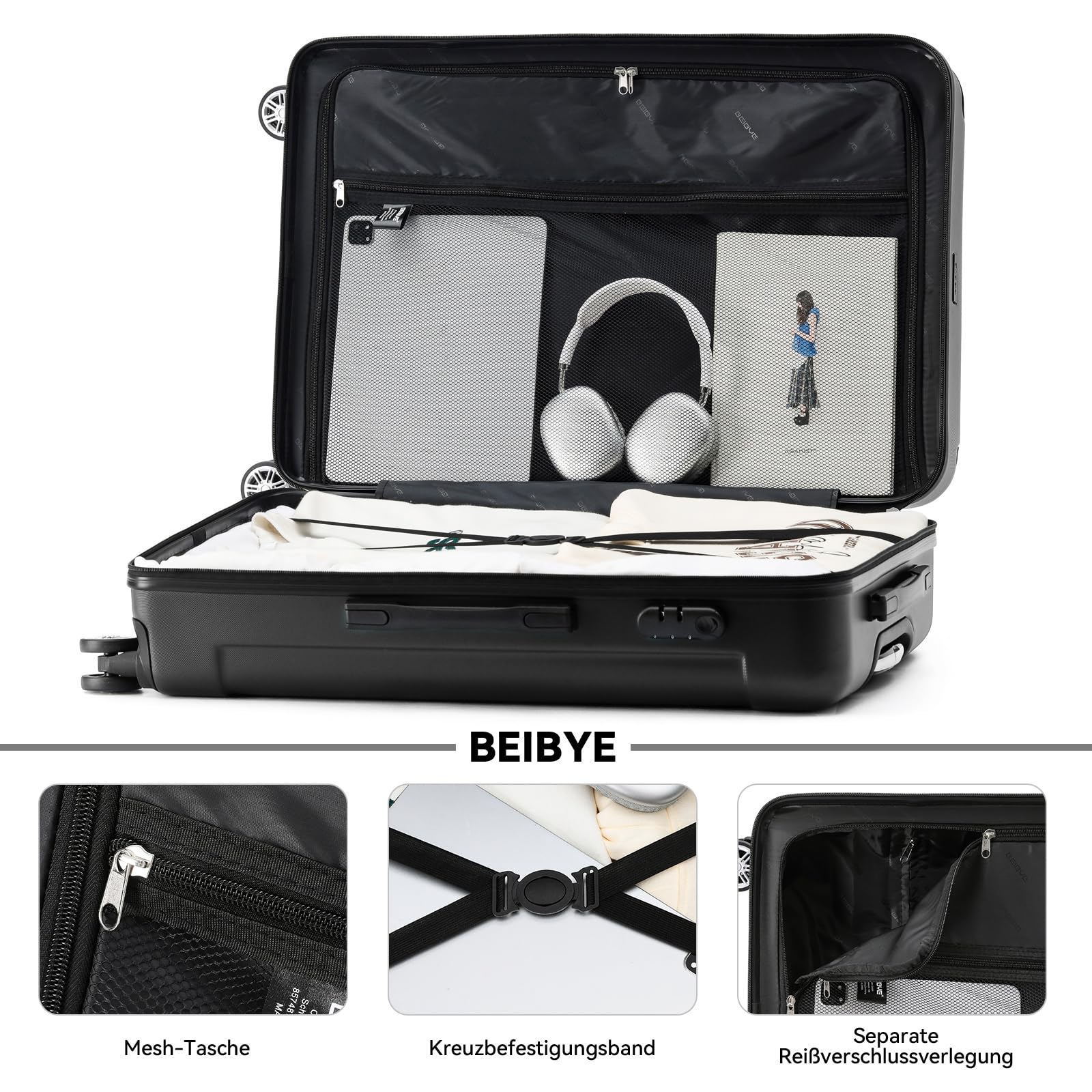 BEIBYE Hartschalen-Koffer Trolley Rollkoffer Reisekoffer Handgepäck 4 Rollen (M-L-XL-Set) (Schwarz, Set)