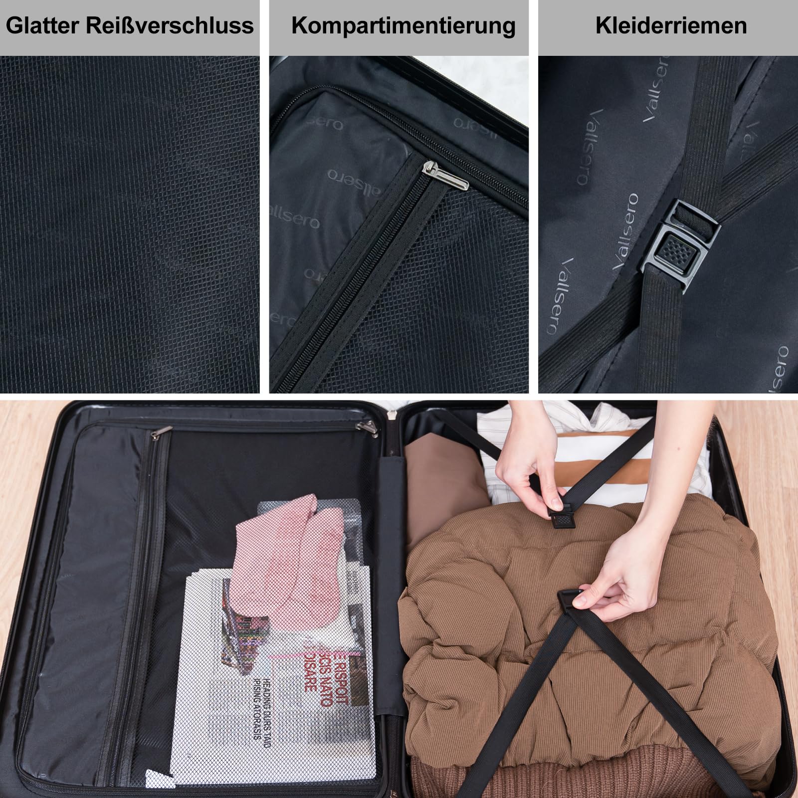 Vallsero 5tlg. Koffer Set Roségold, ABS Trolley mit TSA-Schloss, 4 Rollen, Aluminiumgriff, inkl. Reisetasche & Kulturbeutel, robust & leicht