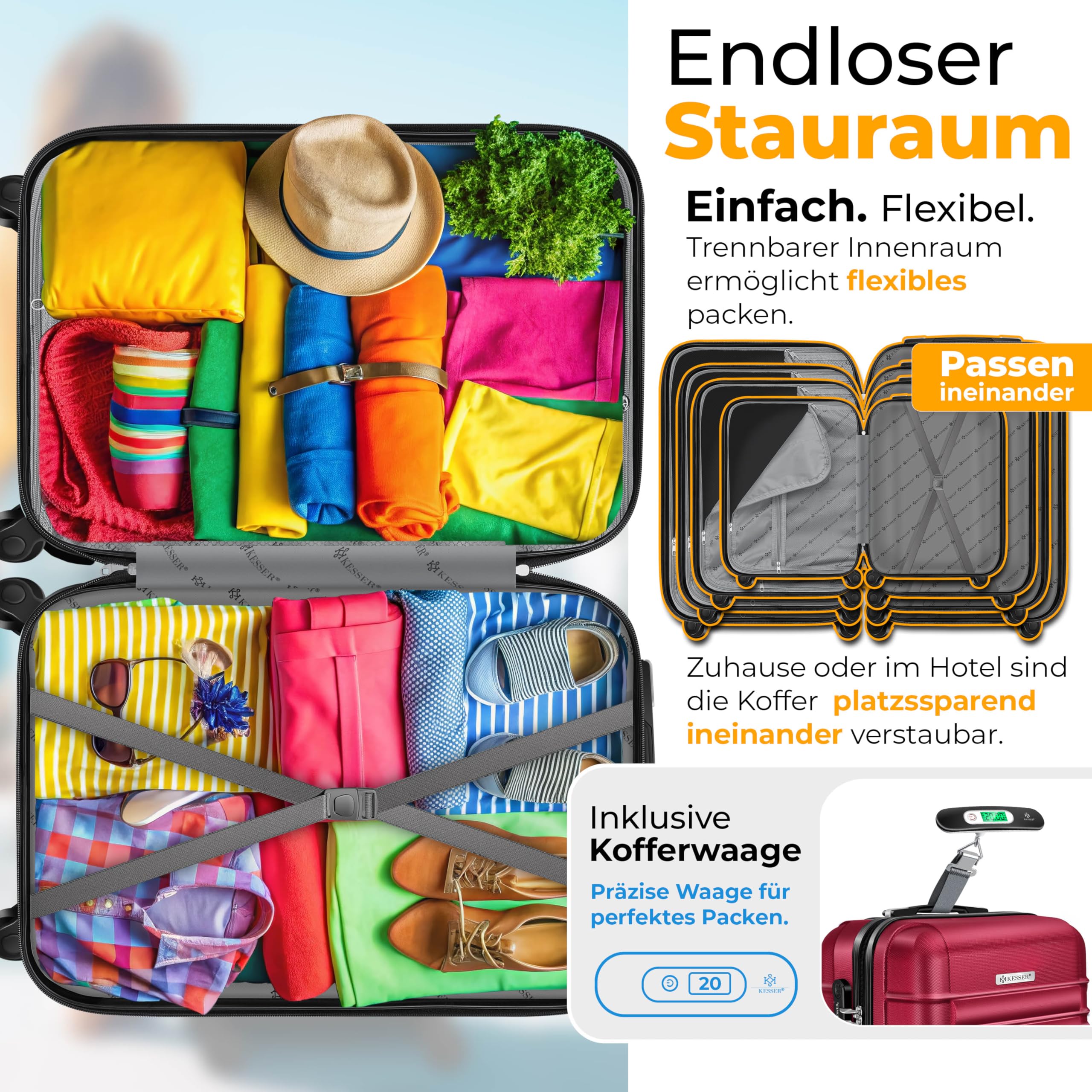 KESSER® 4tlg. Hartschalenkofferset, ABS Trolley Koffer mit Zahlenschloss, 4 Rollen, Teleskopgriff, inkl. Kofferwaage & Gepäckanhänger, S-XL