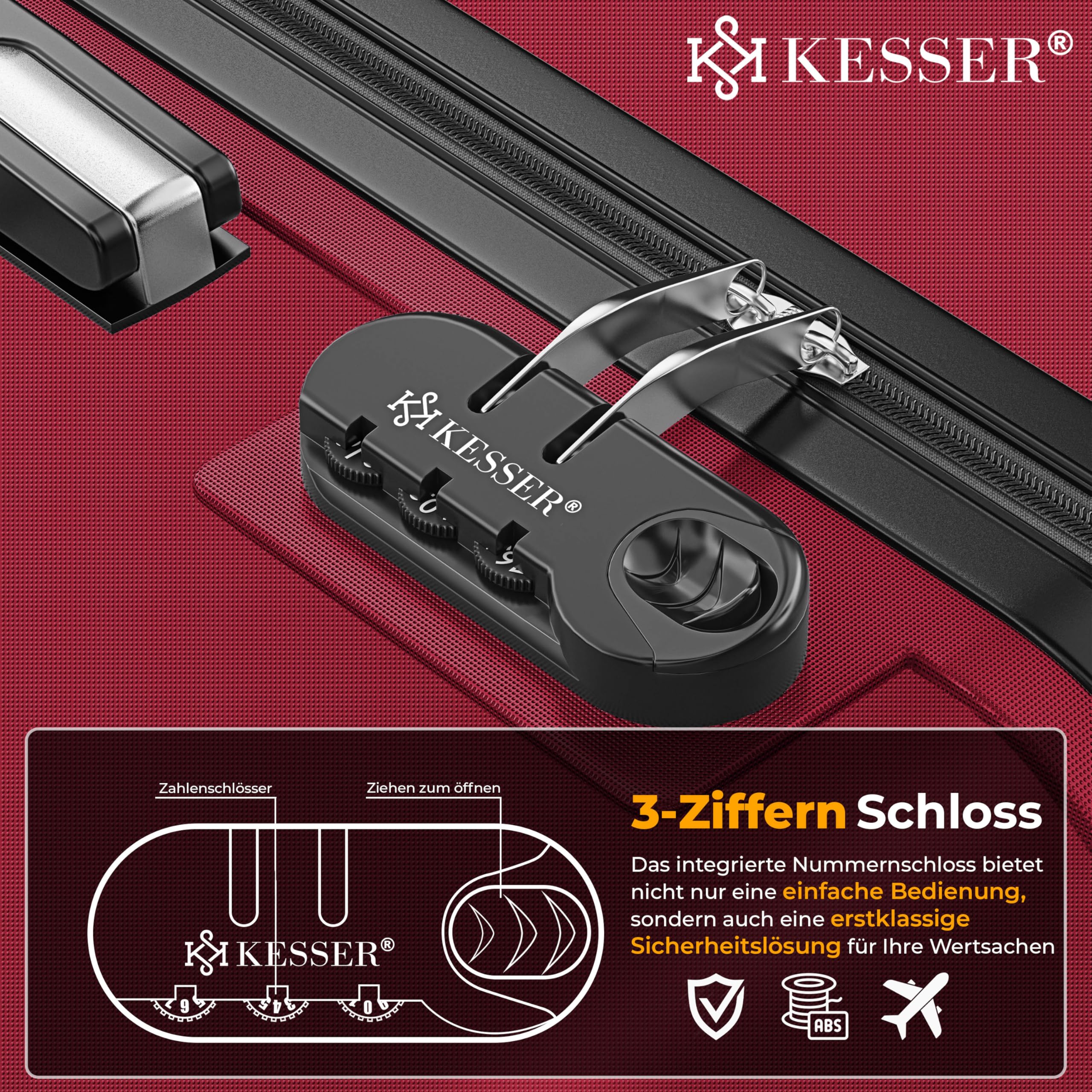 KESSER® 4tlg. Hartschalenkofferset, ABS Trolley Koffer mit Zahlenschloss, 4 Rollen, Teleskopgriff, inkl. Kofferwaage & Gepäckanhänger, S-XL
