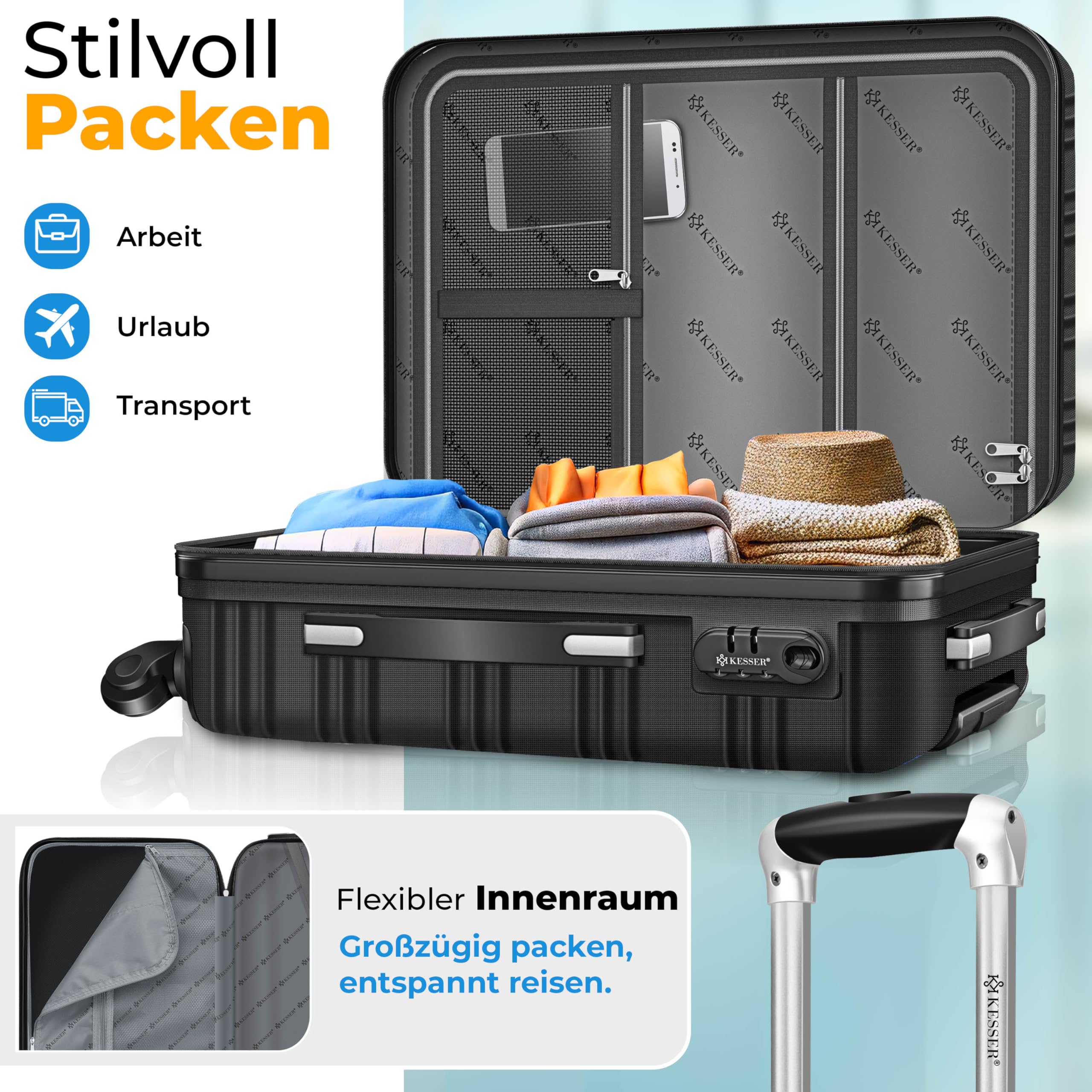 SHOWKOO 3tlg. Kofferset Hartschale ABS+PC, erweiterbar, 4 Rollen, TSA-Schloss, Leicht & stabil, Reisekoffer Handgepäck Trolley (M-L-XL)