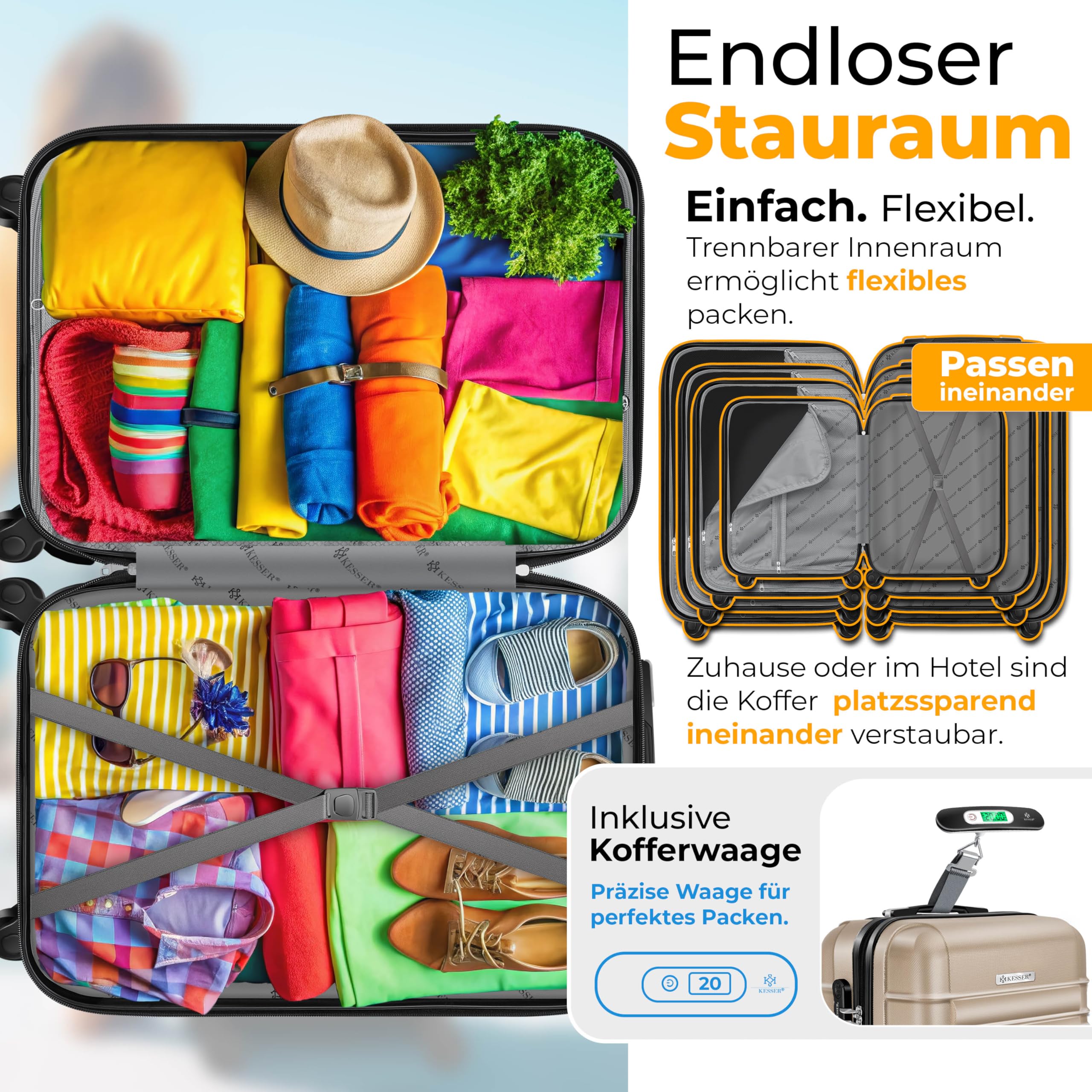 KESSER® 4tlg. Hartschalenkofferset, ABS Hartschale, Trolley Koffer mit 4 Rollen, Teleskopgriff, inkl. Kofferwaage & Anhänger