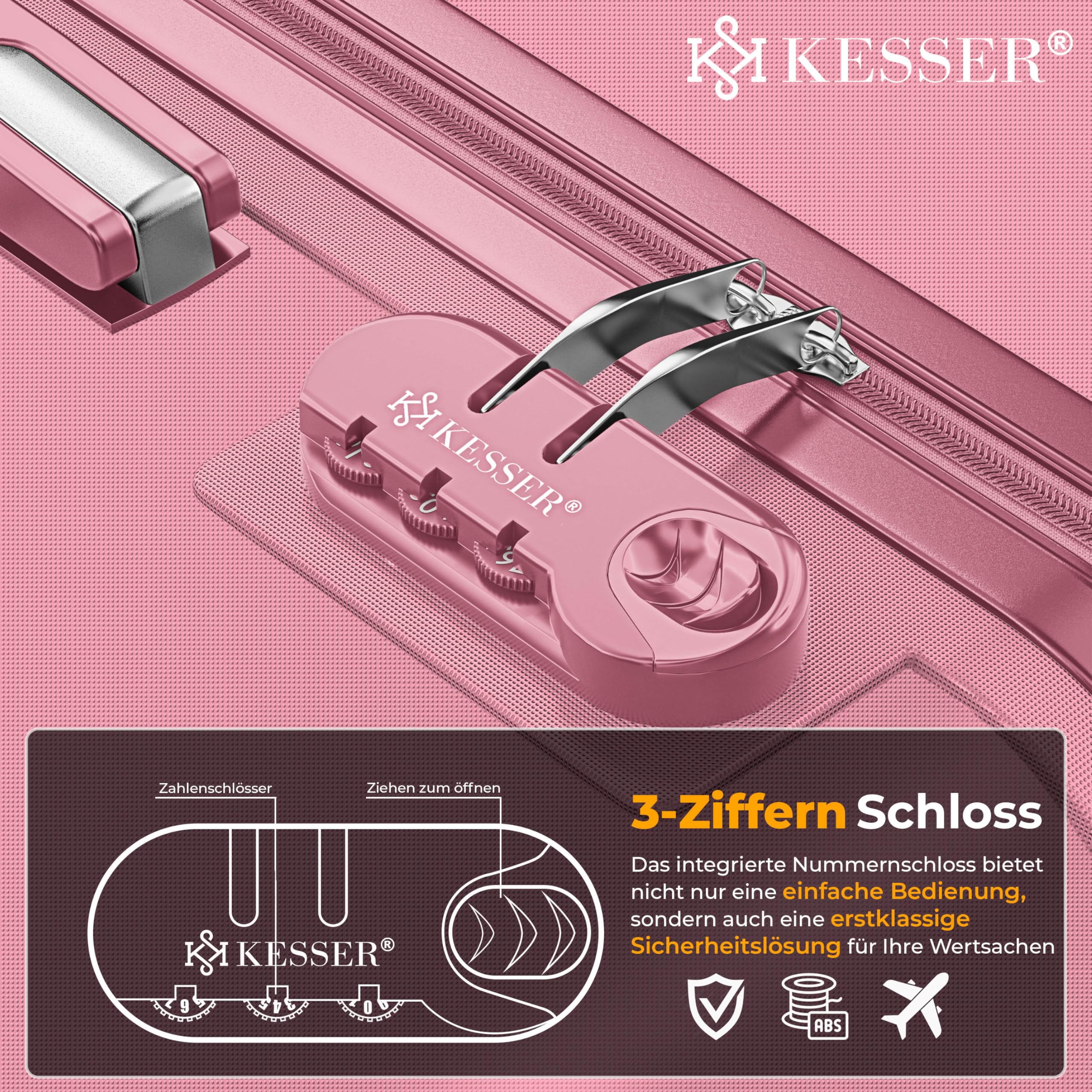 KESSER® 3tlg. Hartschalenkofferset, ABS Hartschale, Trolley Koffer mit 4 Rollen, Teleskopgriff, inkl. Kofferwaage & Gepäckanhänger, M-L-XL