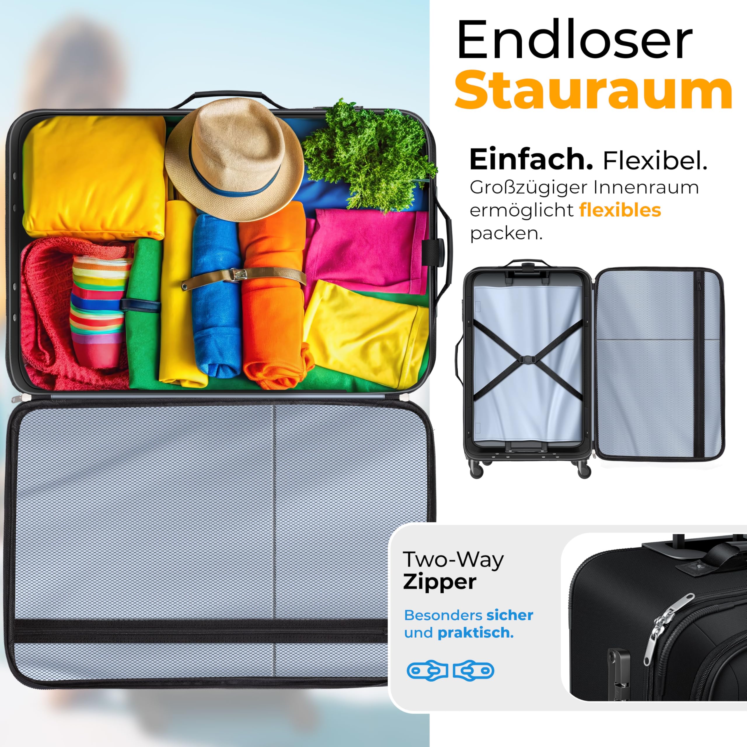 KESSER® 4tlg. Stoff Reisekoffer Set mit TSA-Zahlenschloss, 360° Rollen, Teleskopgriff, Handgepäck, große Koffer & Kosmetiktasche