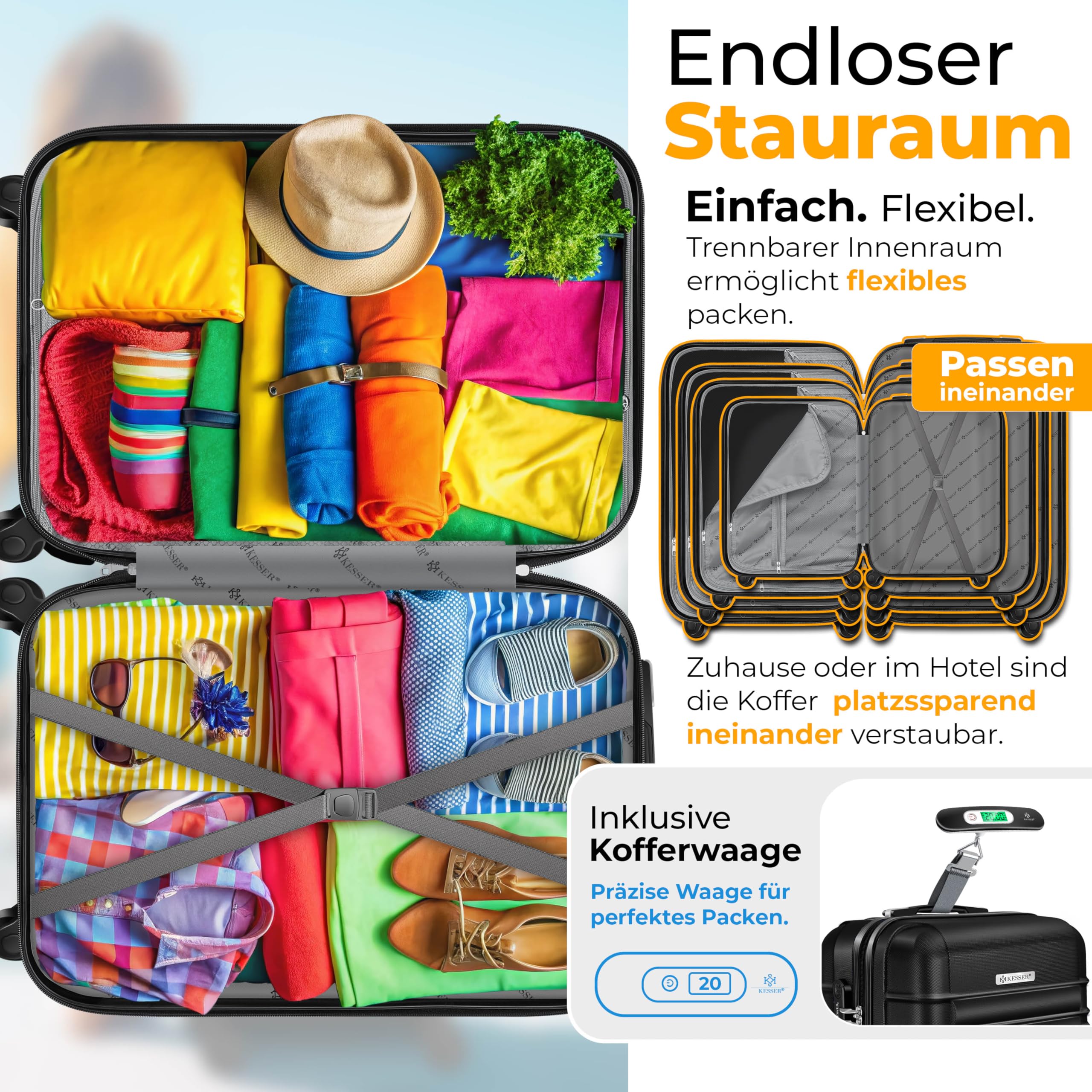 SHOWKOO 3tlg. Kofferset Hartschale ABS+PC, erweiterbar, 4 Rollen, TSA-Schloss, Leicht & stabil, Reisekoffer Handgepäck Trolley (M-L-XL)