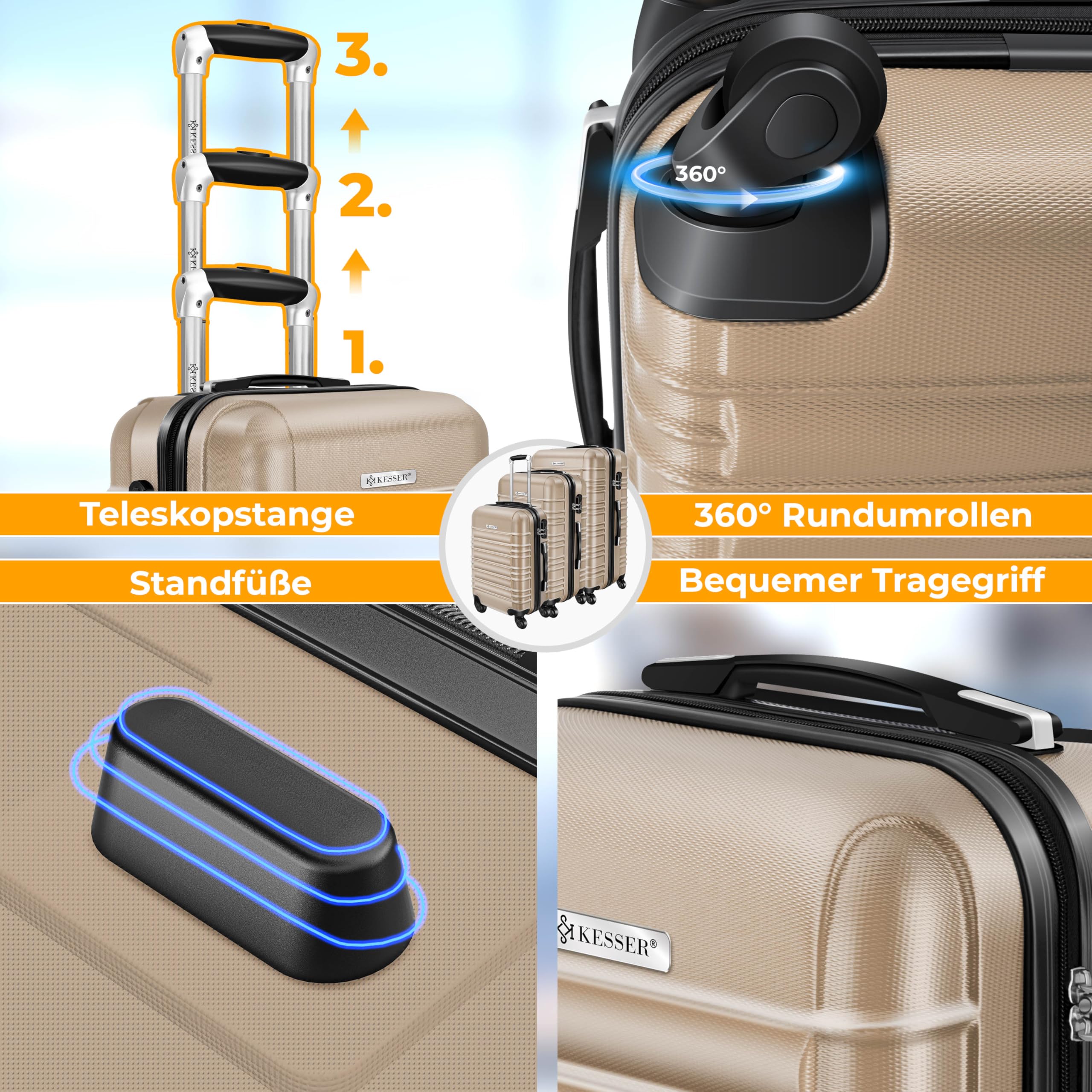 KESSER® 4tlg. Hartschalenkofferset, ABS Hartschale, Trolley Koffer mit 4 Rollen, Teleskopgriff, inkl. Kofferwaage & Anhänger