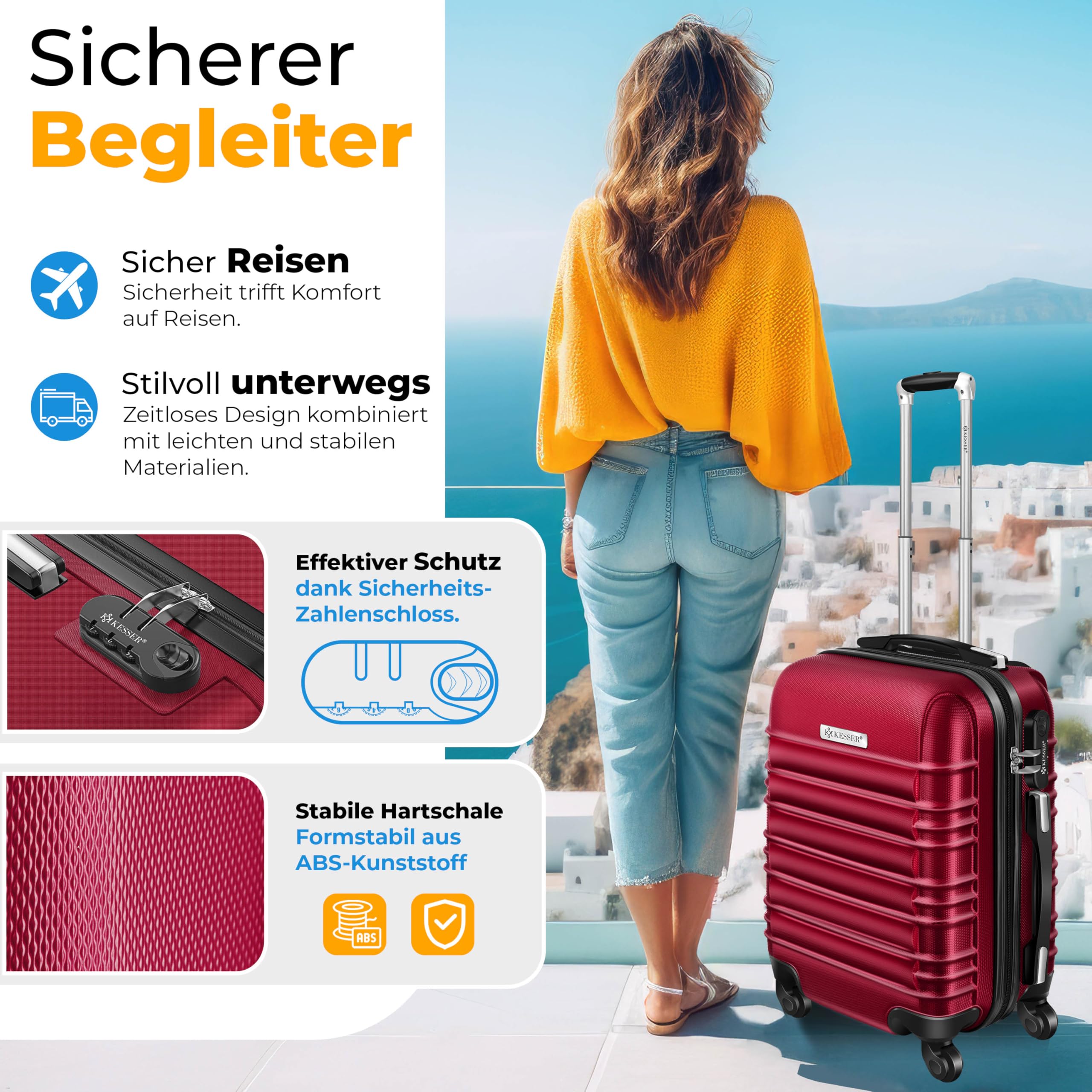 KESSER® 4tlg. Hartschalenkofferset, ABS Trolley Koffer mit Zahlenschloss, 4 Rollen, Teleskopgriff, inkl. Kofferwaage & Gepäckanhänger, S-XL