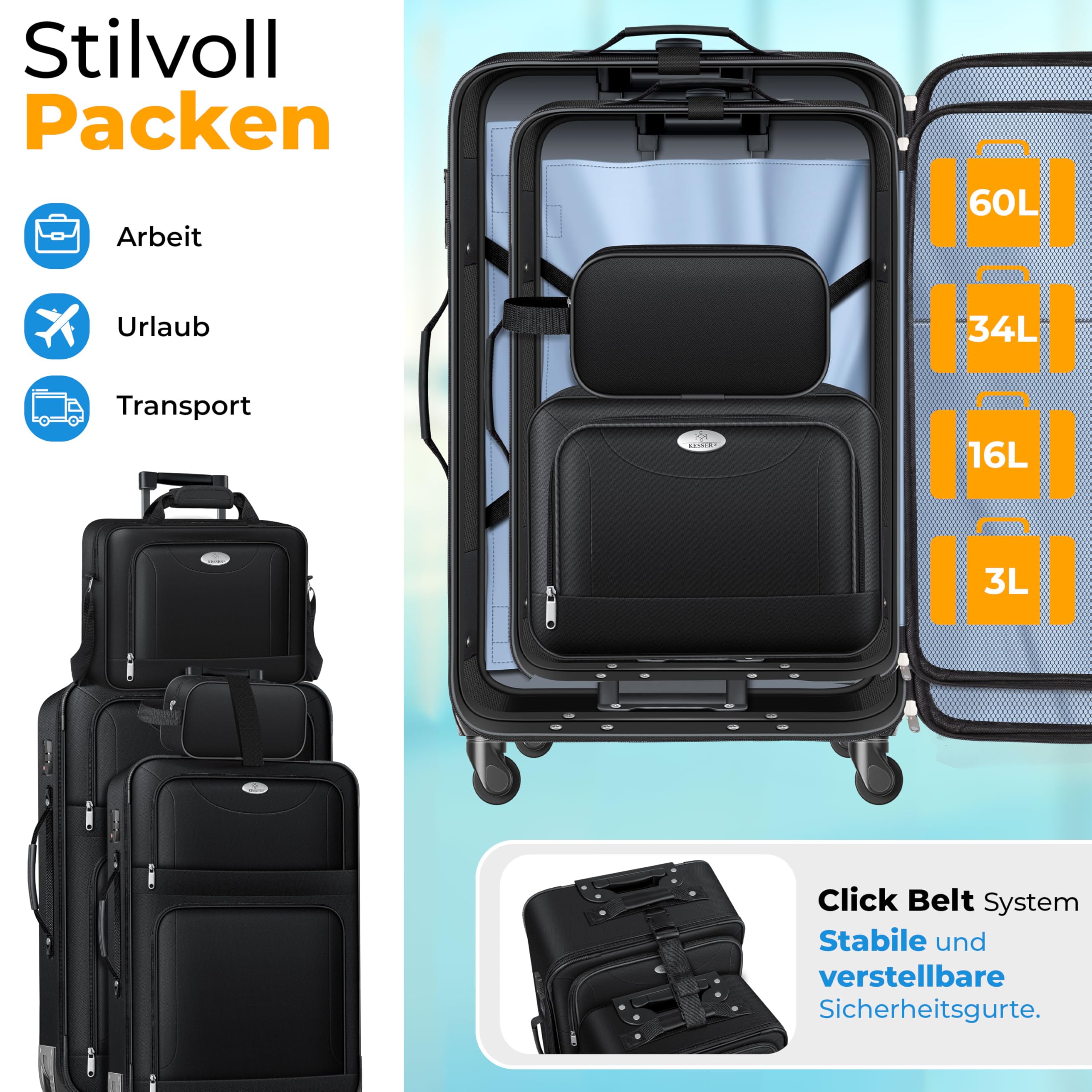 KESSER® 4tlg. Stoff Reisekoffer Set mit TSA-Zahlenschloss, 360° Rollen, Teleskopgriff, Handgepäck, große Koffer & Kosmetiktasche