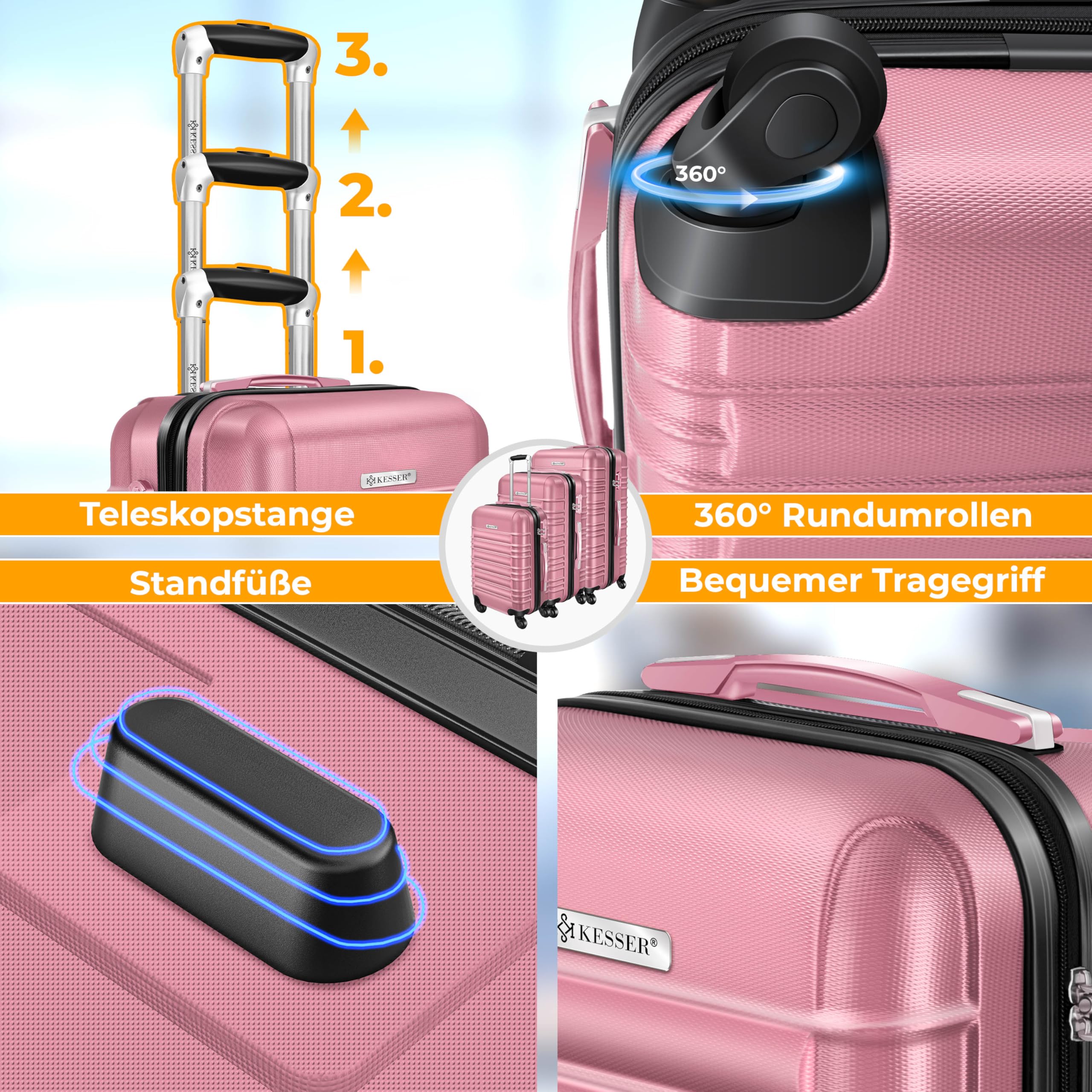 KESSER® 3tlg. Hartschalenkofferset, ABS Hartschale, Trolley Koffer mit 4 Rollen, Teleskopgriff, inkl. Kofferwaage & Gepäckanhänger, M-L-XL