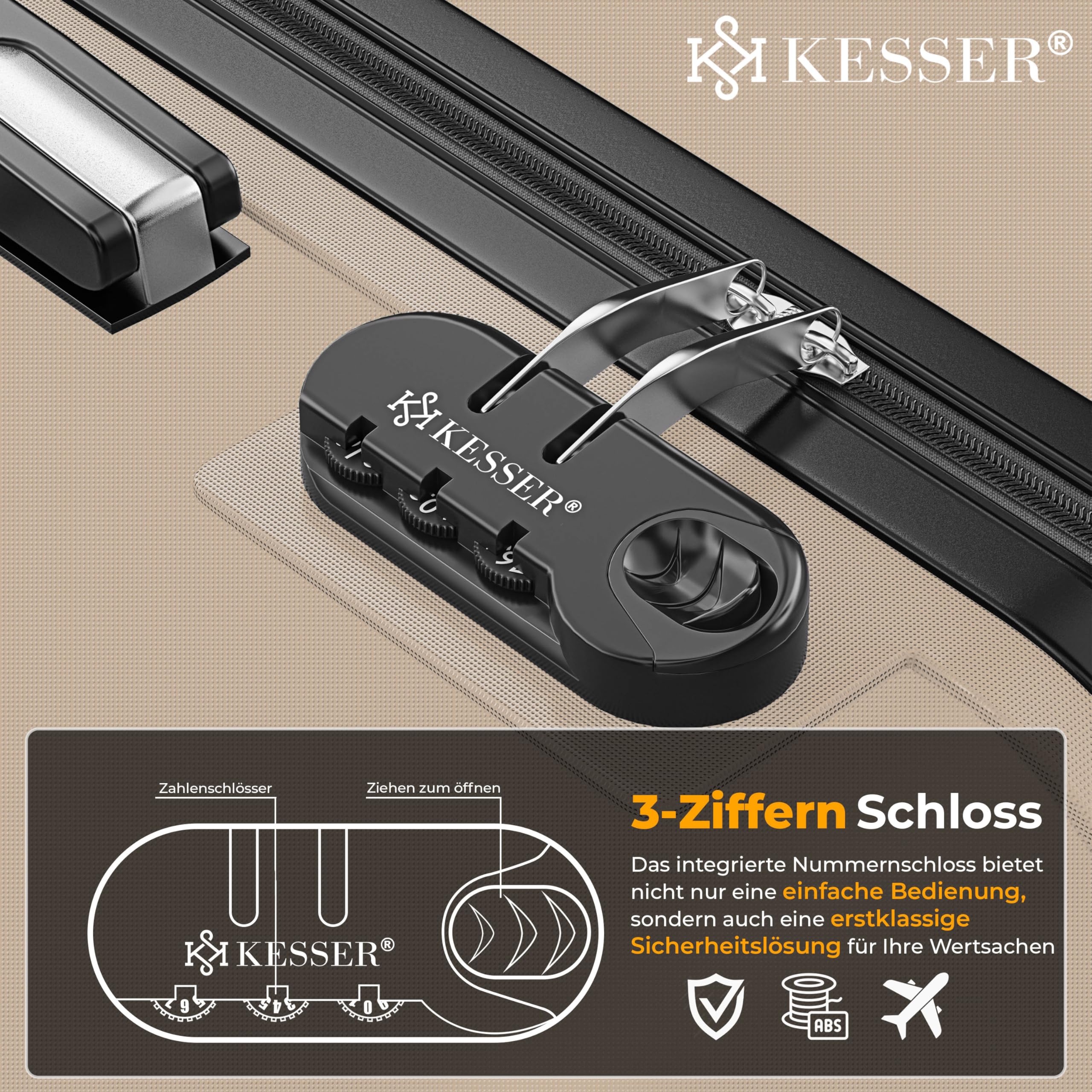 KESSER® 4tlg. Hartschalenkofferset, ABS Hartschale, Trolley Koffer mit 4 Rollen, Teleskopgriff, inkl. Kofferwaage & Anhänger