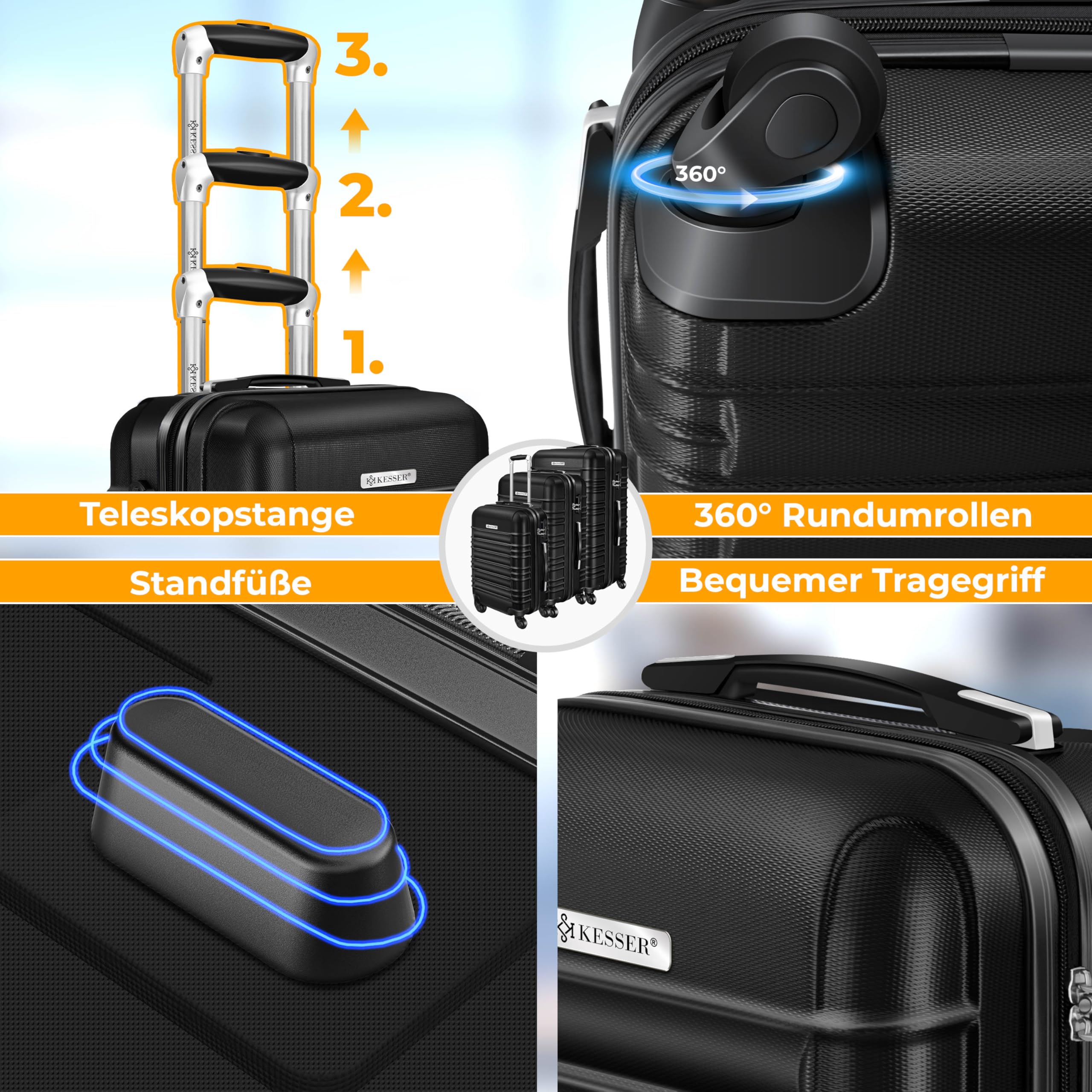 SHOWKOO 3tlg. Kofferset Hartschale ABS+PC, erweiterbar, 4 Rollen, TSA-Schloss, Leicht & stabil, Reisekoffer Handgepäck Trolley (M-L-XL)