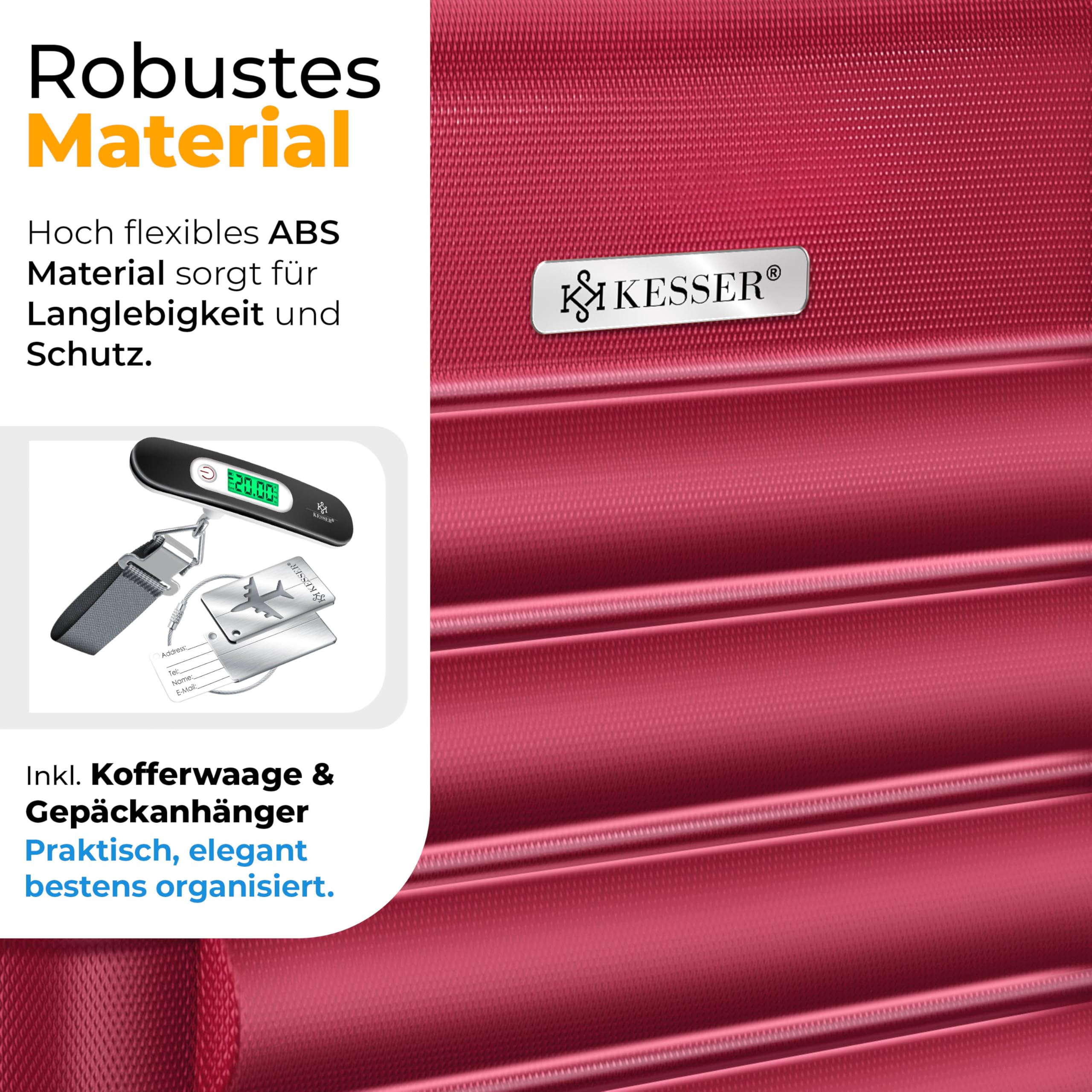 KESSER® 4tlg. Hartschalenkofferset, ABS Trolley Koffer mit Zahlenschloss, 4 Rollen, Teleskopgriff, inkl. Kofferwaage & Gepäckanhänger, S-XL