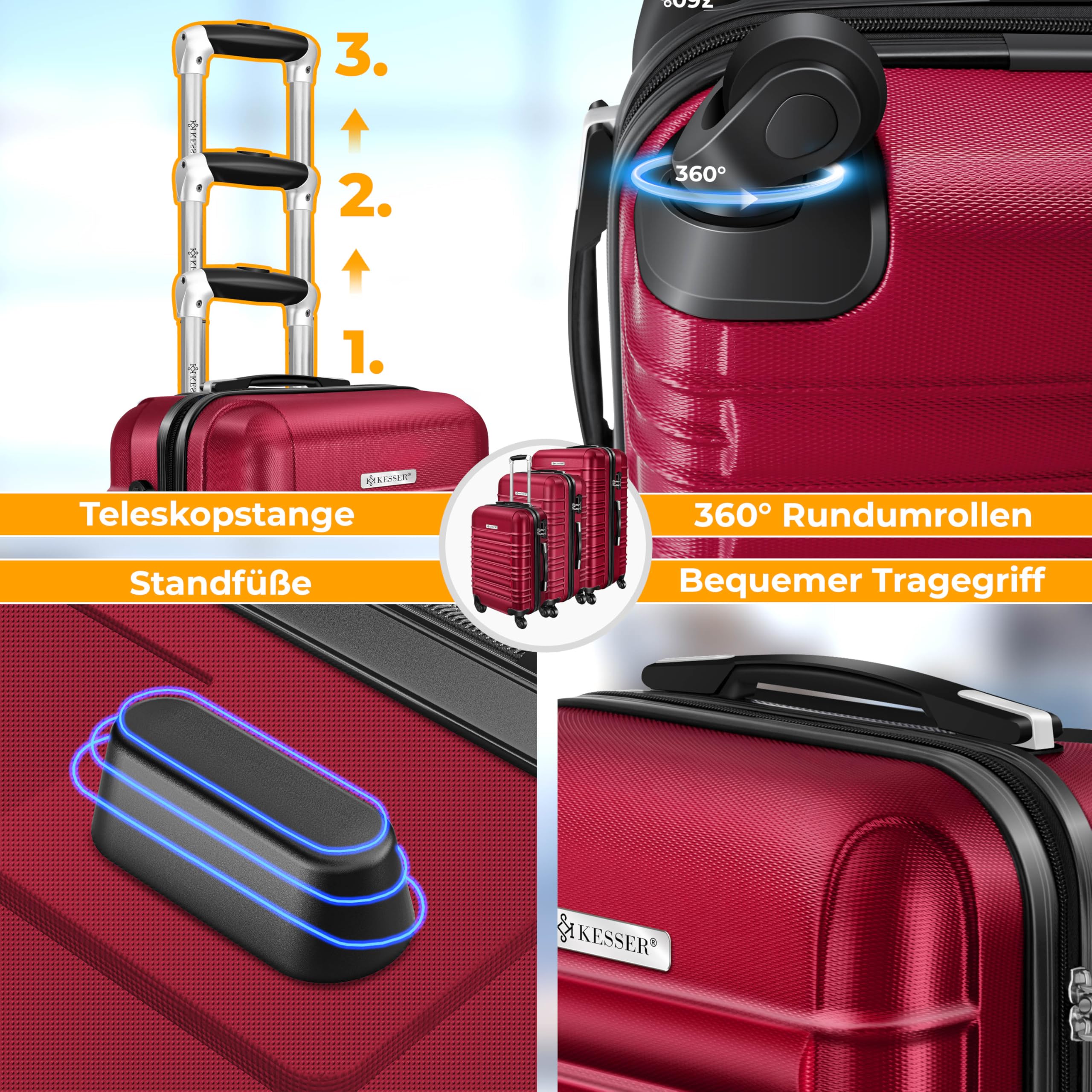 KESSER® 4tlg. Hartschalenkofferset, ABS Trolley Koffer mit Zahlenschloss, 4 Rollen, Teleskopgriff, inkl. Kofferwaage & Gepäckanhänger, S-XL