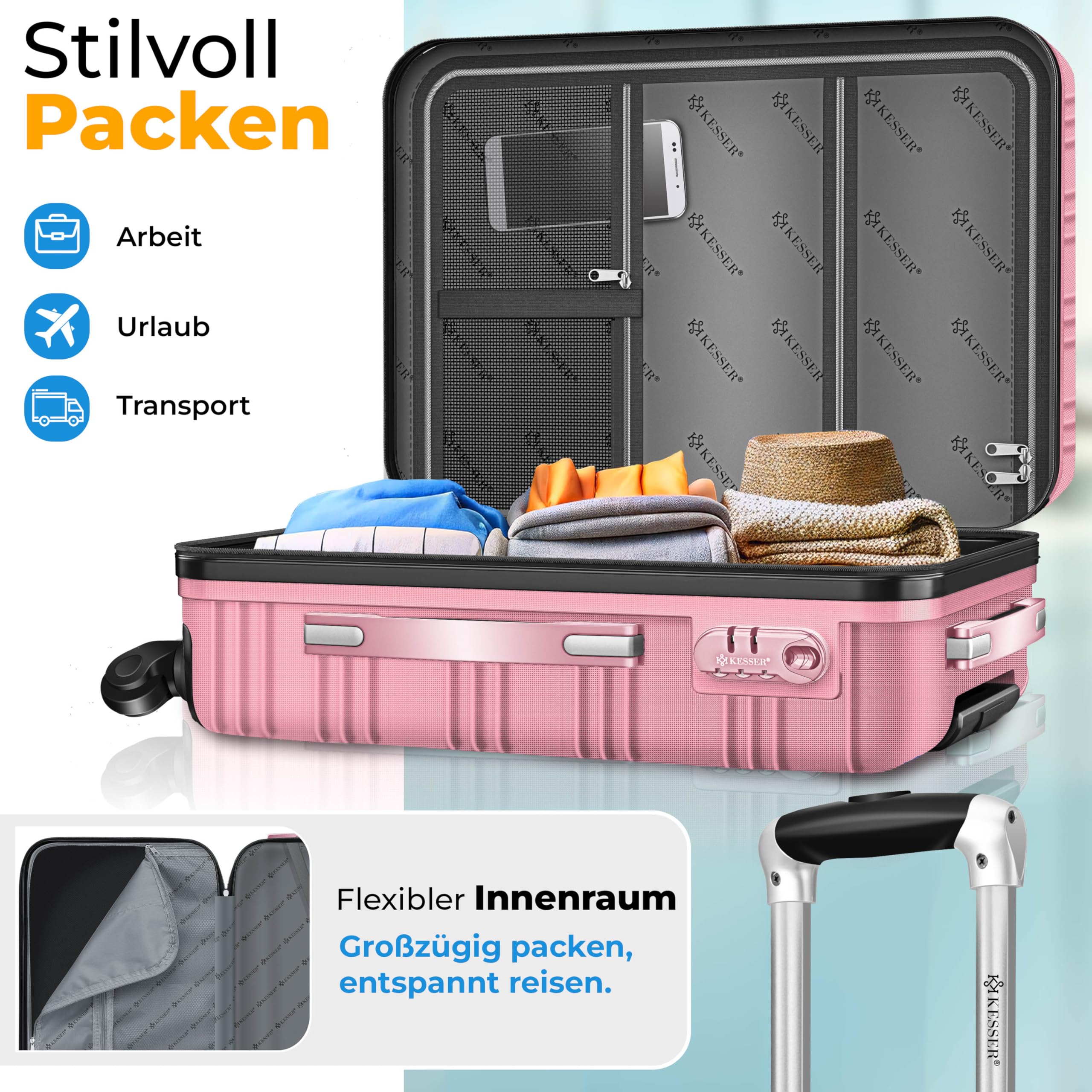 KESSER® 3tlg. Hartschalenkofferset, ABS Hartschale, Trolley Koffer mit 4 Rollen, Teleskopgriff, inkl. Kofferwaage & Gepäckanhänger, M-L-XL