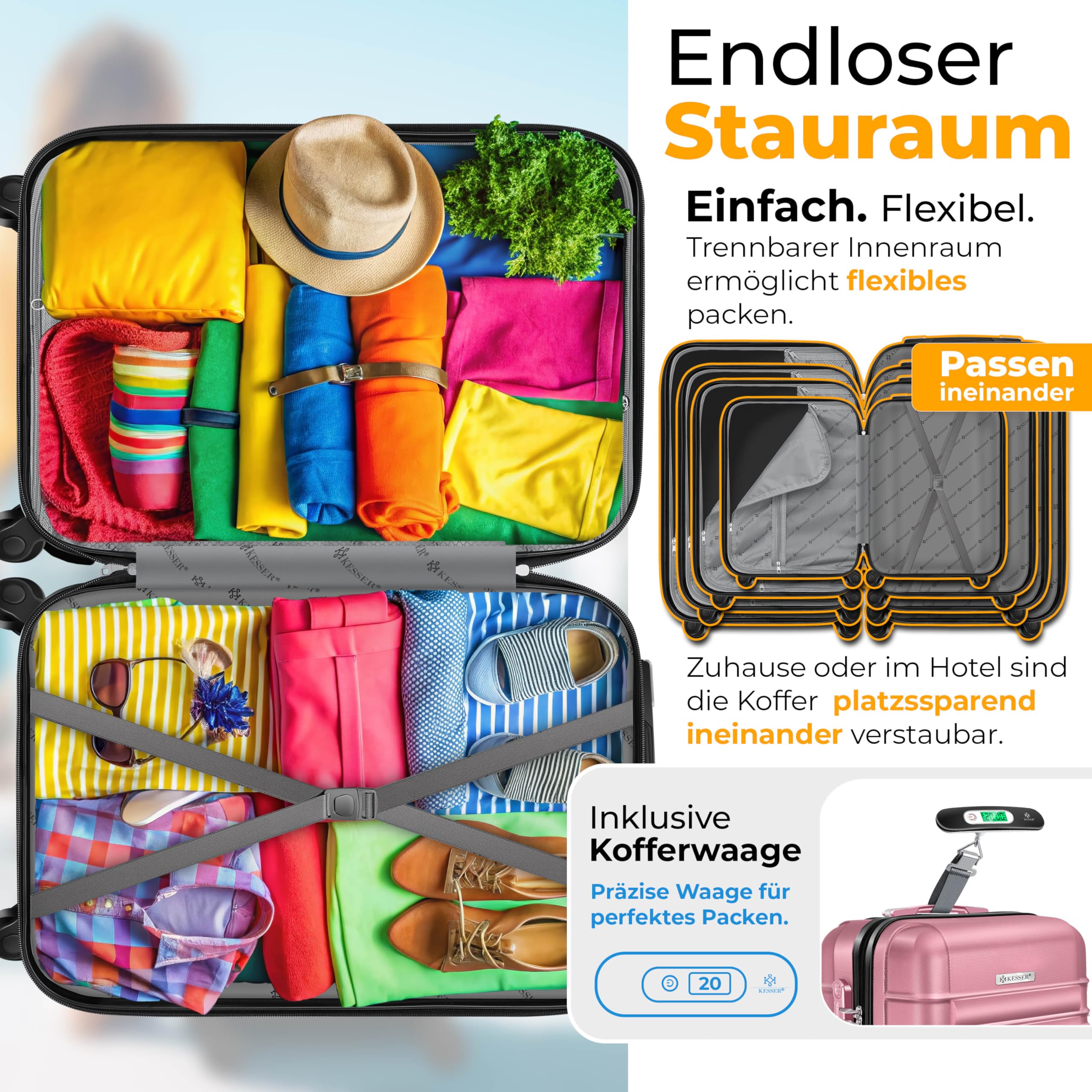 KESSER® 3tlg. Hartschalenkofferset, ABS Hartschale, Trolley Koffer mit 4 Rollen, Teleskopgriff, inkl. Kofferwaage & Gepäckanhänger, M-L-XL