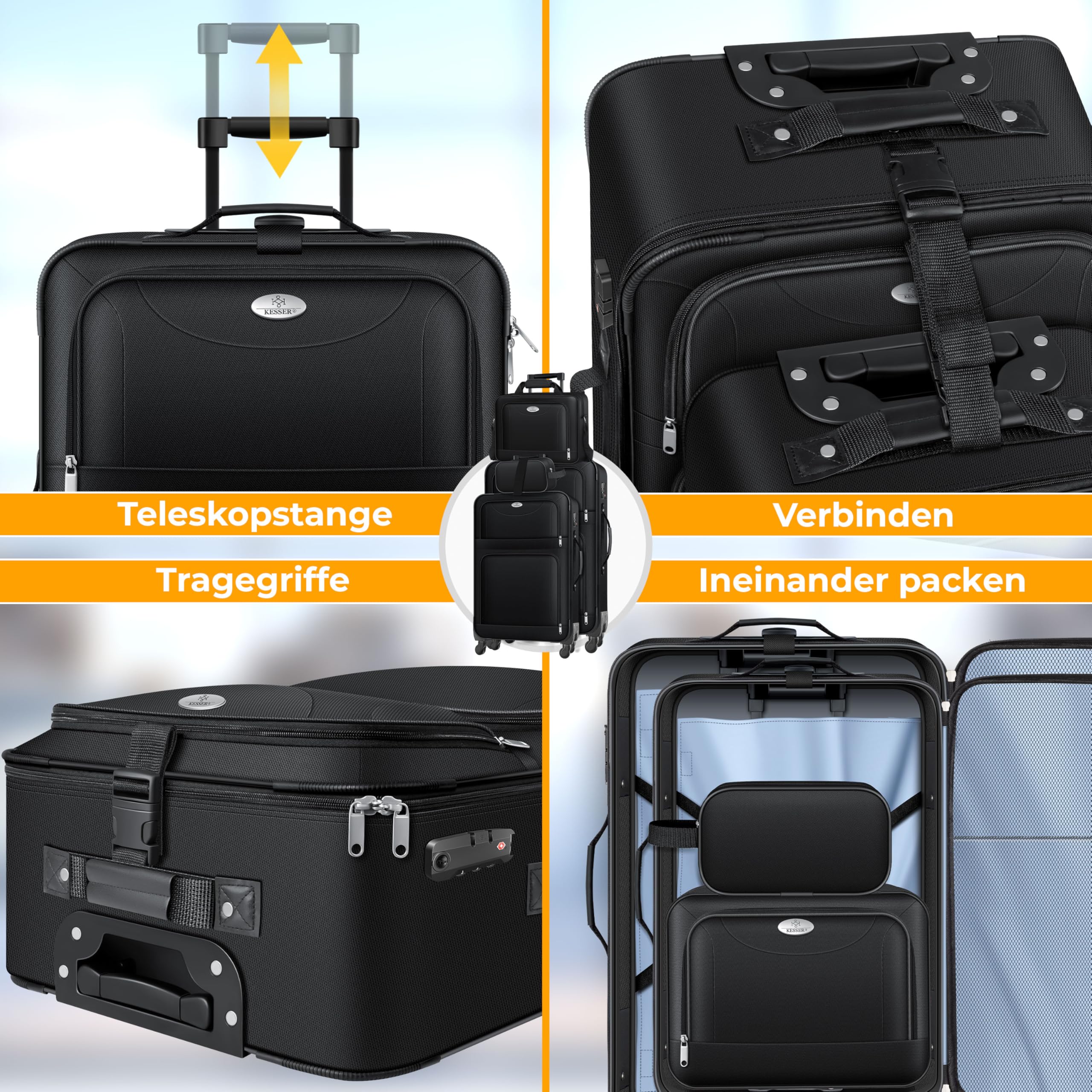 KESSER® 4tlg. Stoff Reisekoffer Set mit TSA-Zahlenschloss, 360° Rollen, Teleskopgriff, Handgepäck, große Koffer & Kosmetiktasche